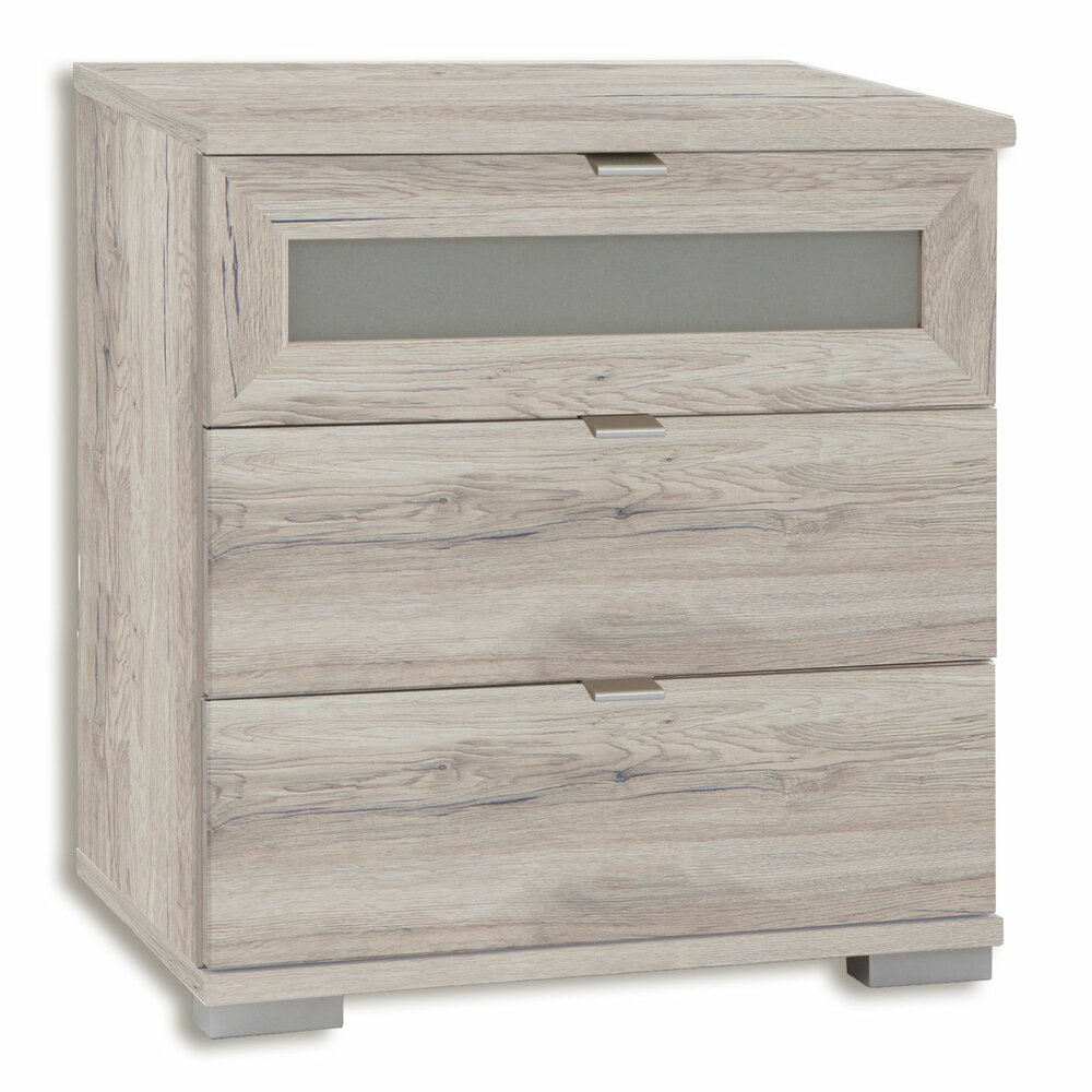 Nachttisch BOX PLUS - Weißeiche - Milchglas - 3 Schubkästen