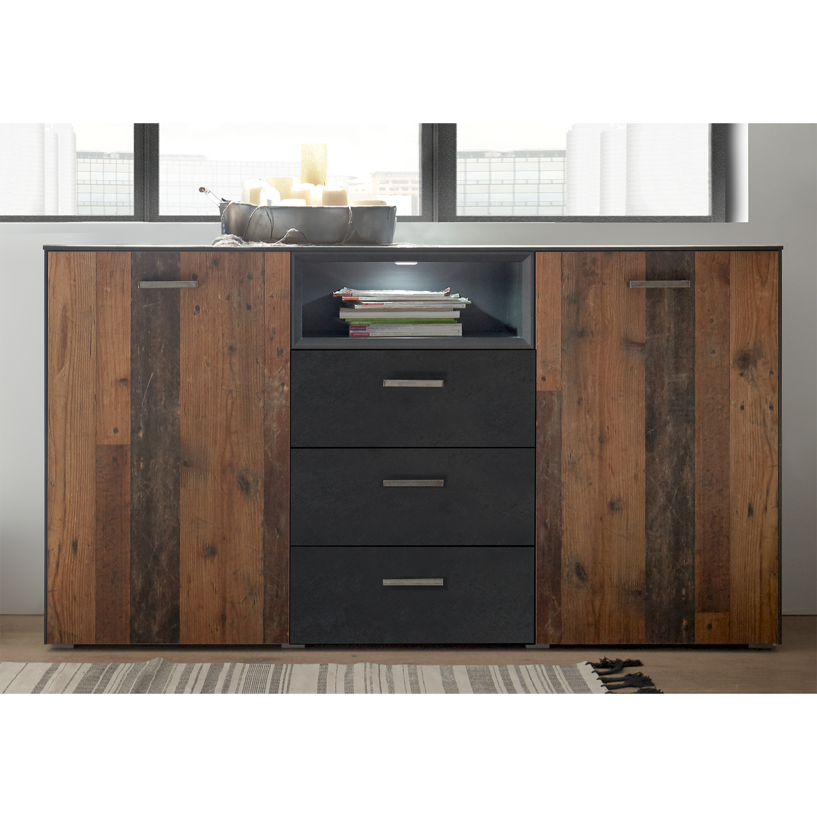 Sideboard - Texas Oak-Schwarzstahloptik - 177 cm