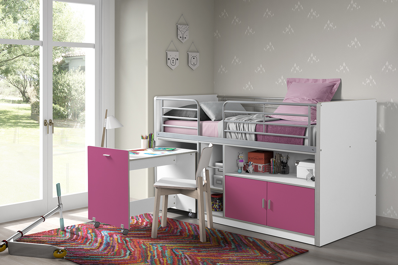 Funktions-Hochbett BONNY - weiß-pink - mit Schreibtisch - 90x200 cm