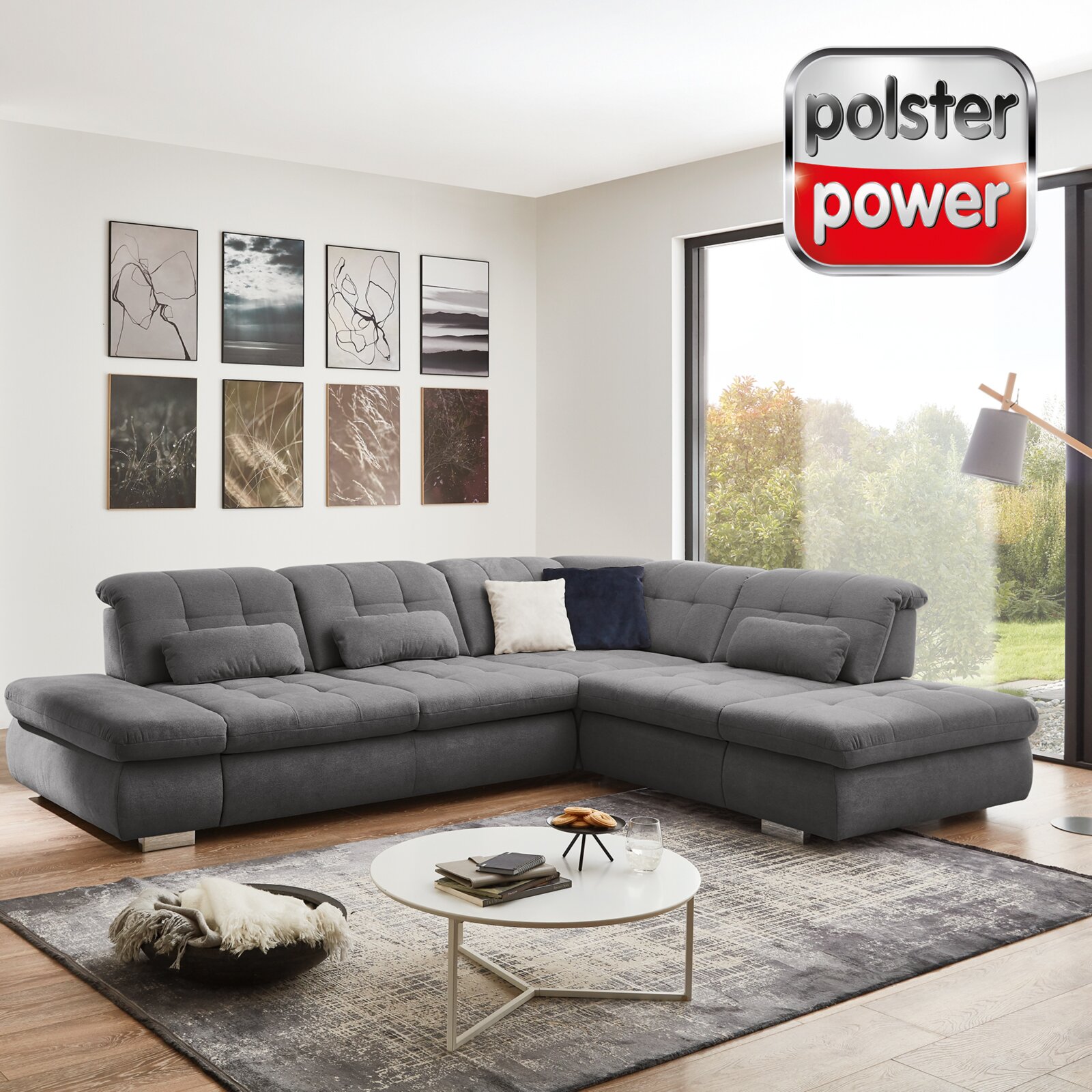 polsterpower ecksofa - grau - mit funktionen - anstellhocker rechts
