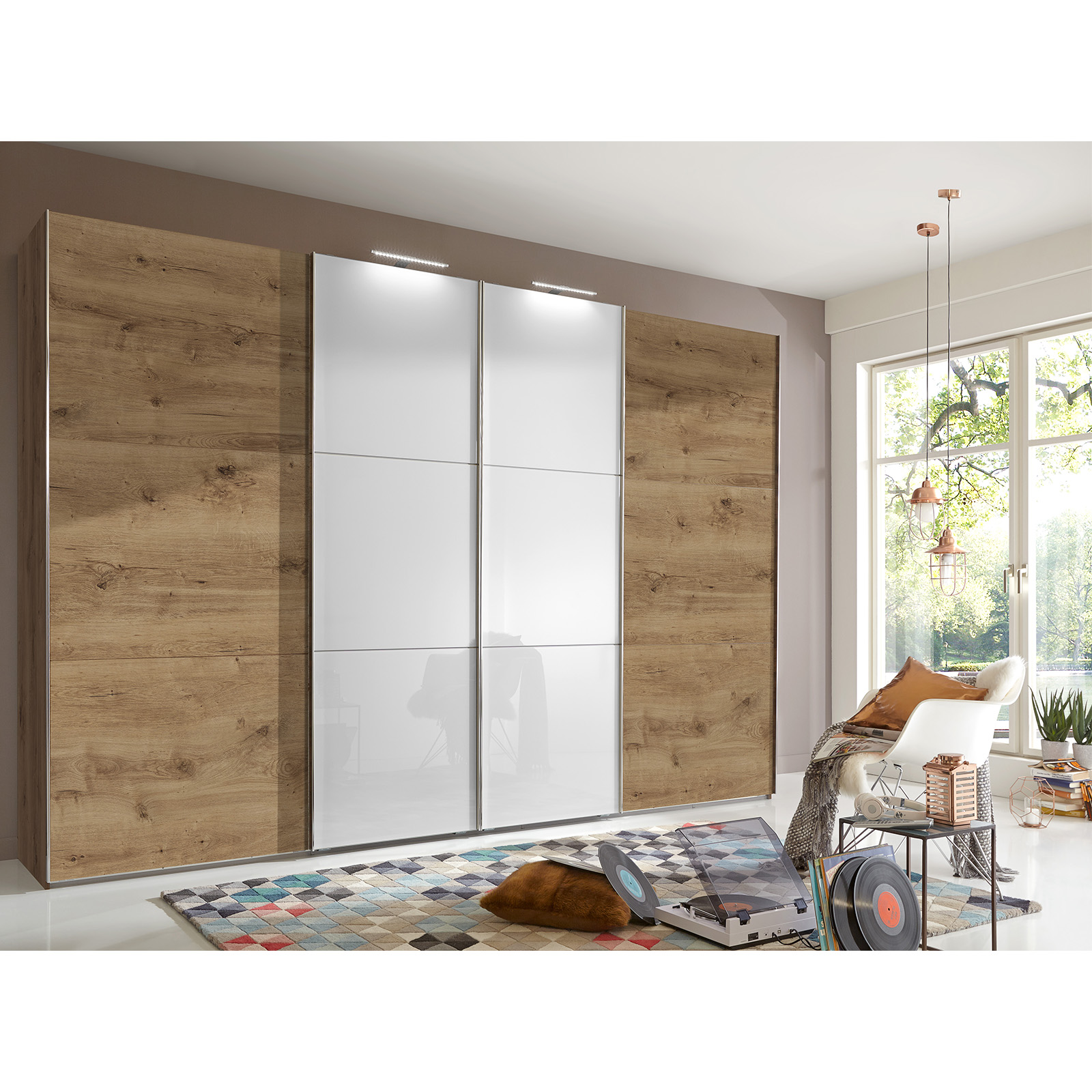 Schwebetürenschrank ESCAPE - Plankeneiche-Weißglas - 300 cm