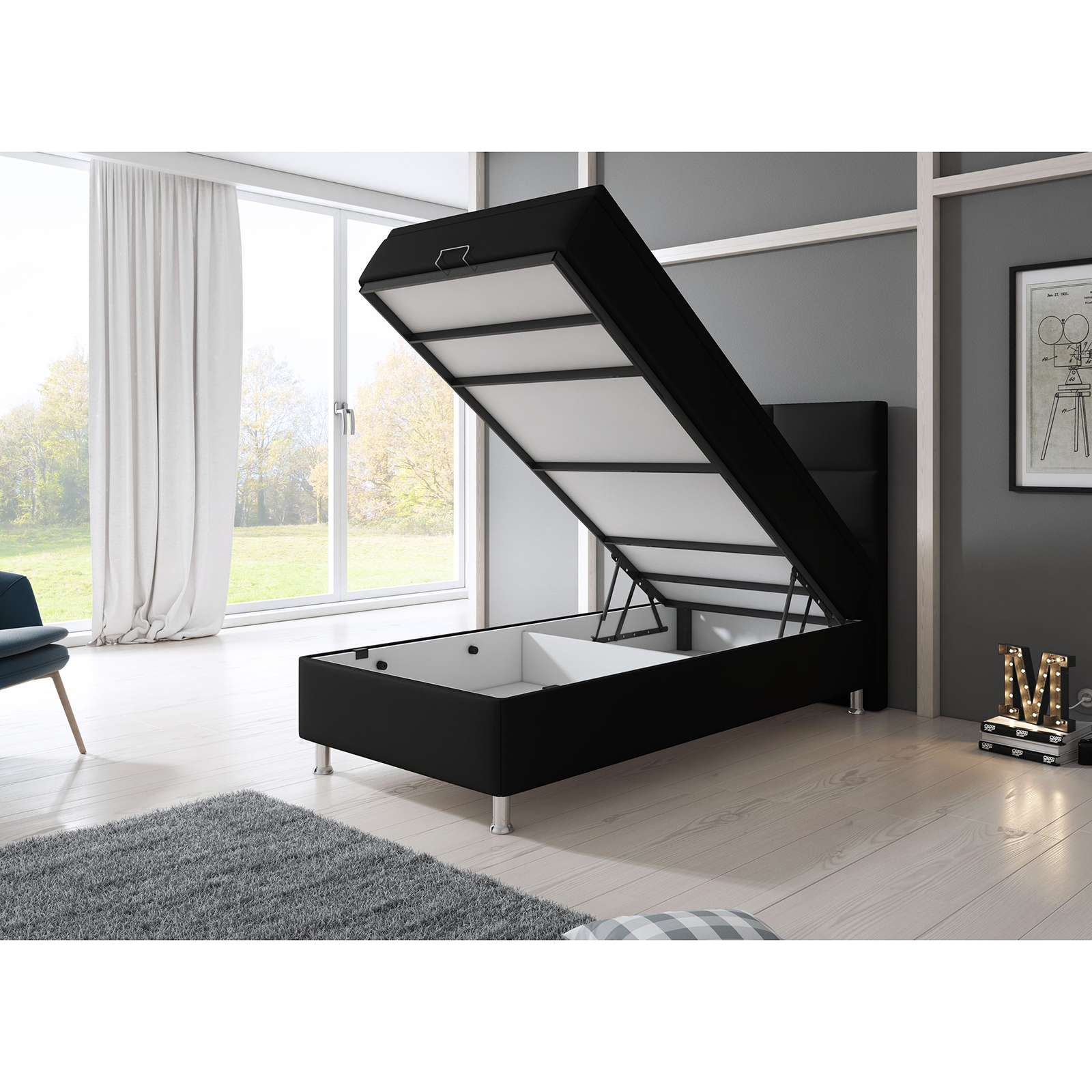 Boxspringbett-Design MIAMI - schwarz - mit Bettkasten - H3 - 90x200 cm