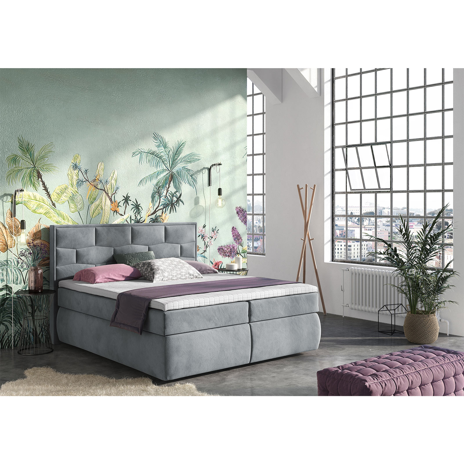 Boxspringbett - grau - Samt - 180x200 cm