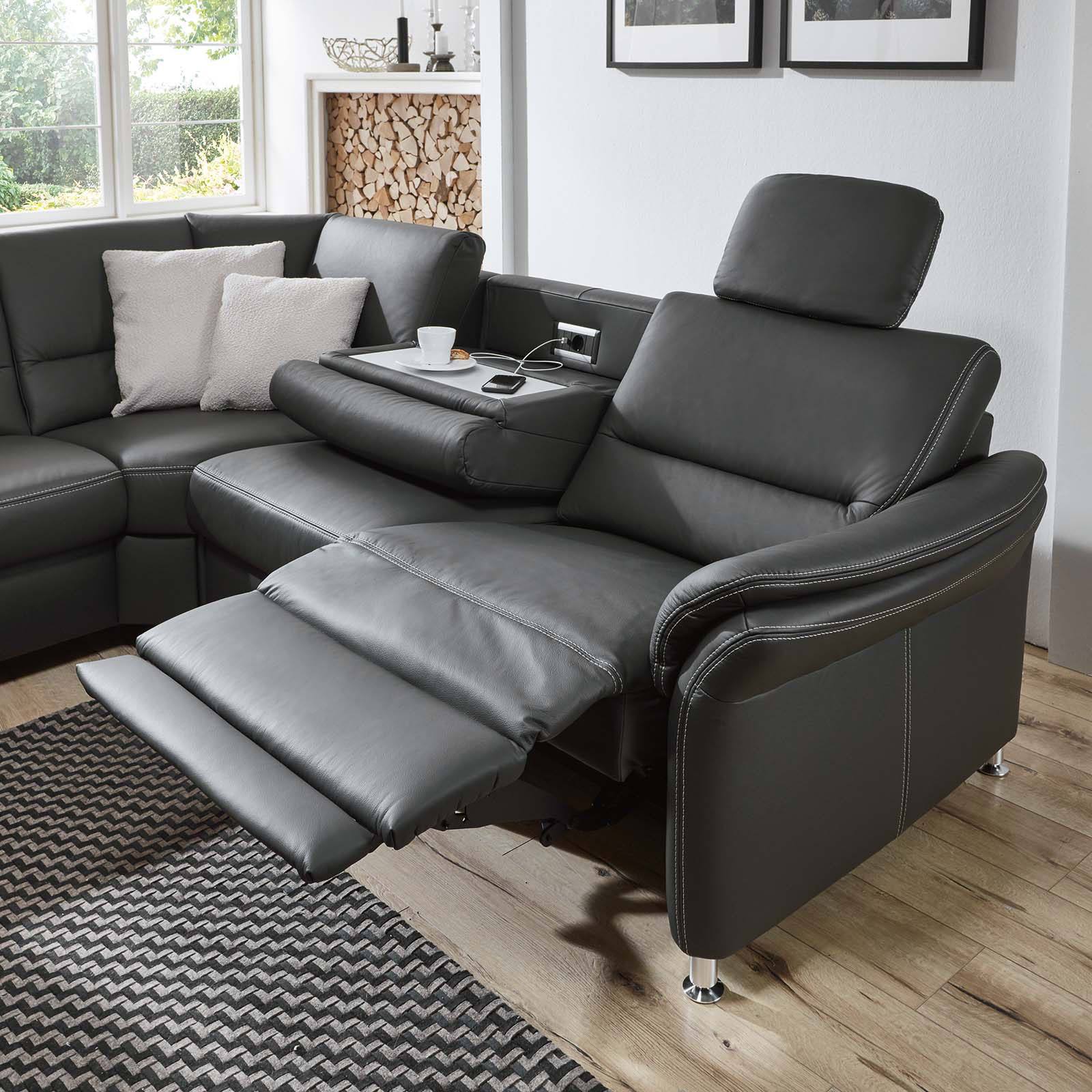 polsterpower Ledersofa anthrazit Kaltschaum mit Funktionen 2