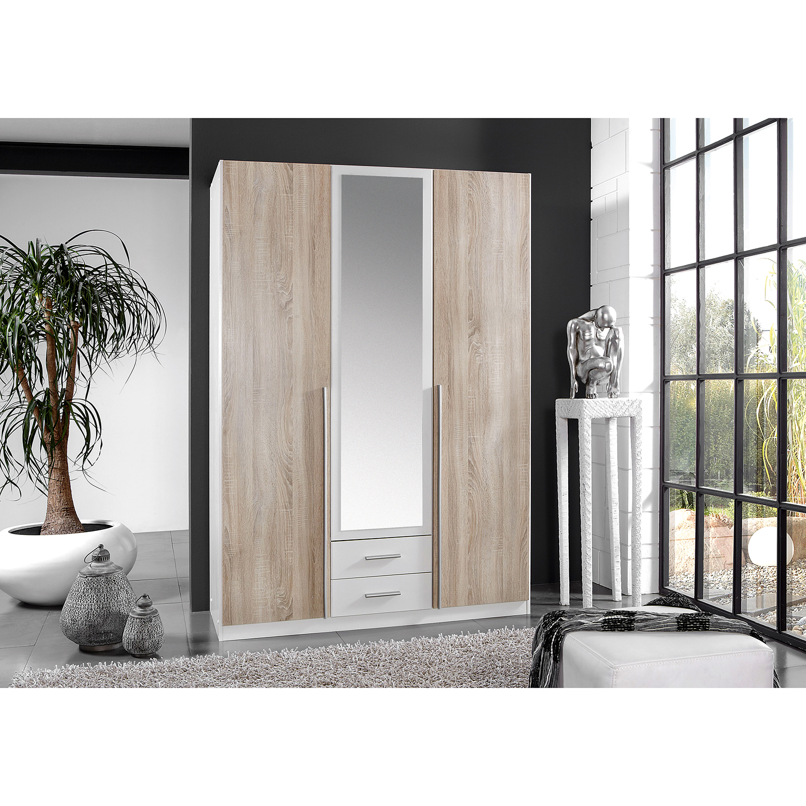 Drehtürenschrank - weiß-Sonoma Eiche - 135 cm breit