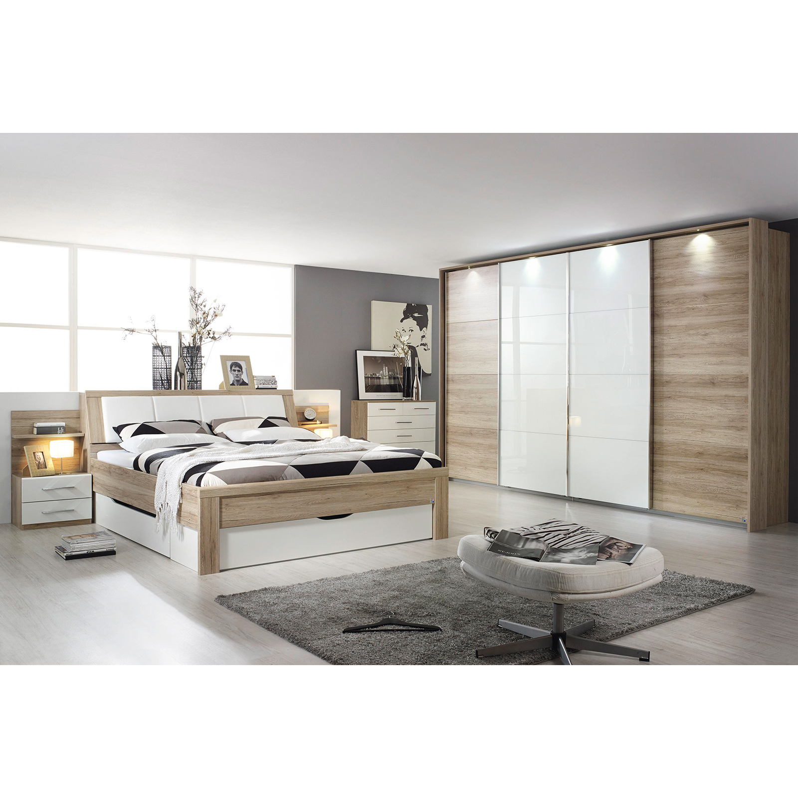 Schwebetürenschrank - San Remo Eiche-weiß - 361 cm breit