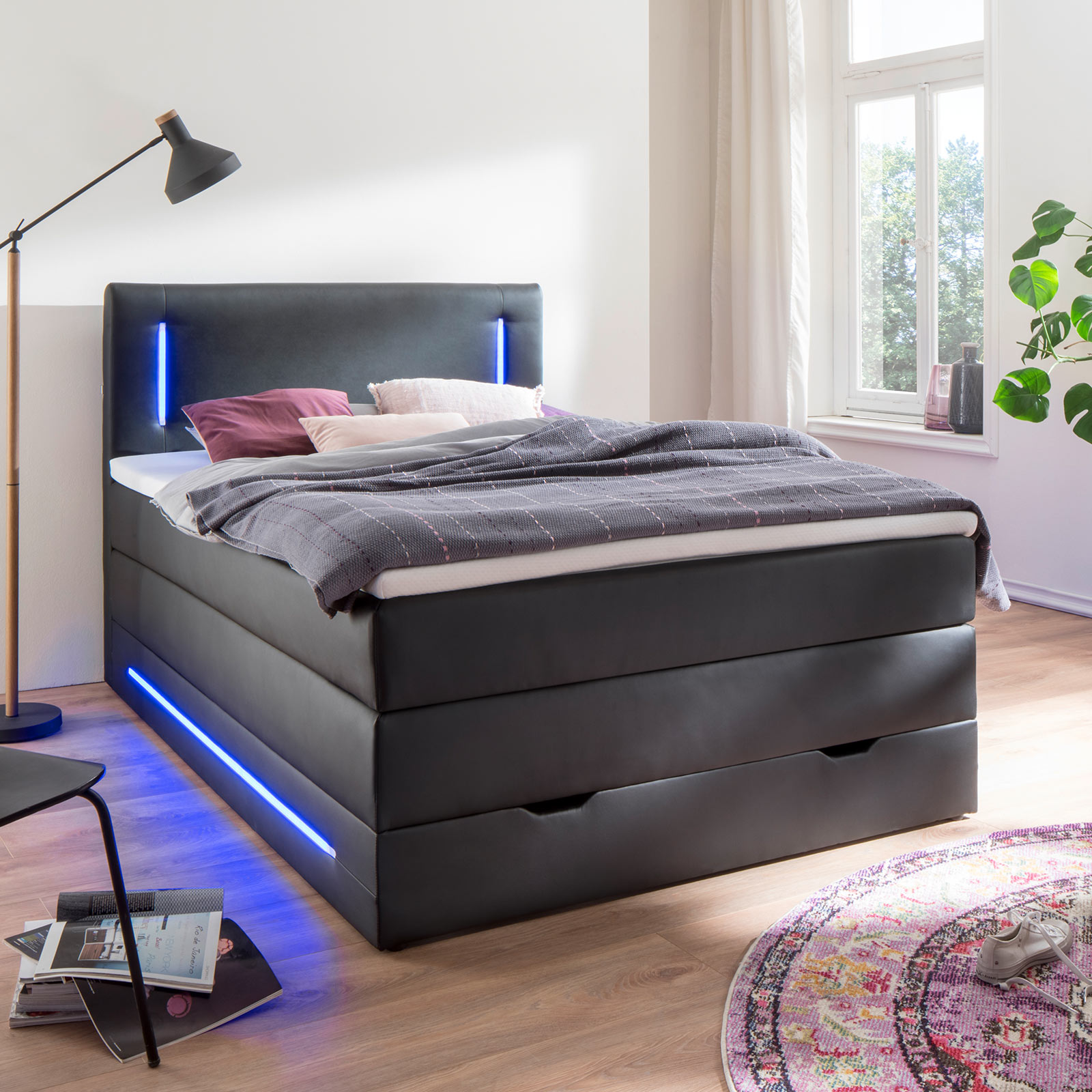 LED Boxspringbett  schwarz  H2  mit Bettkasten  120x200 cm  Online  
