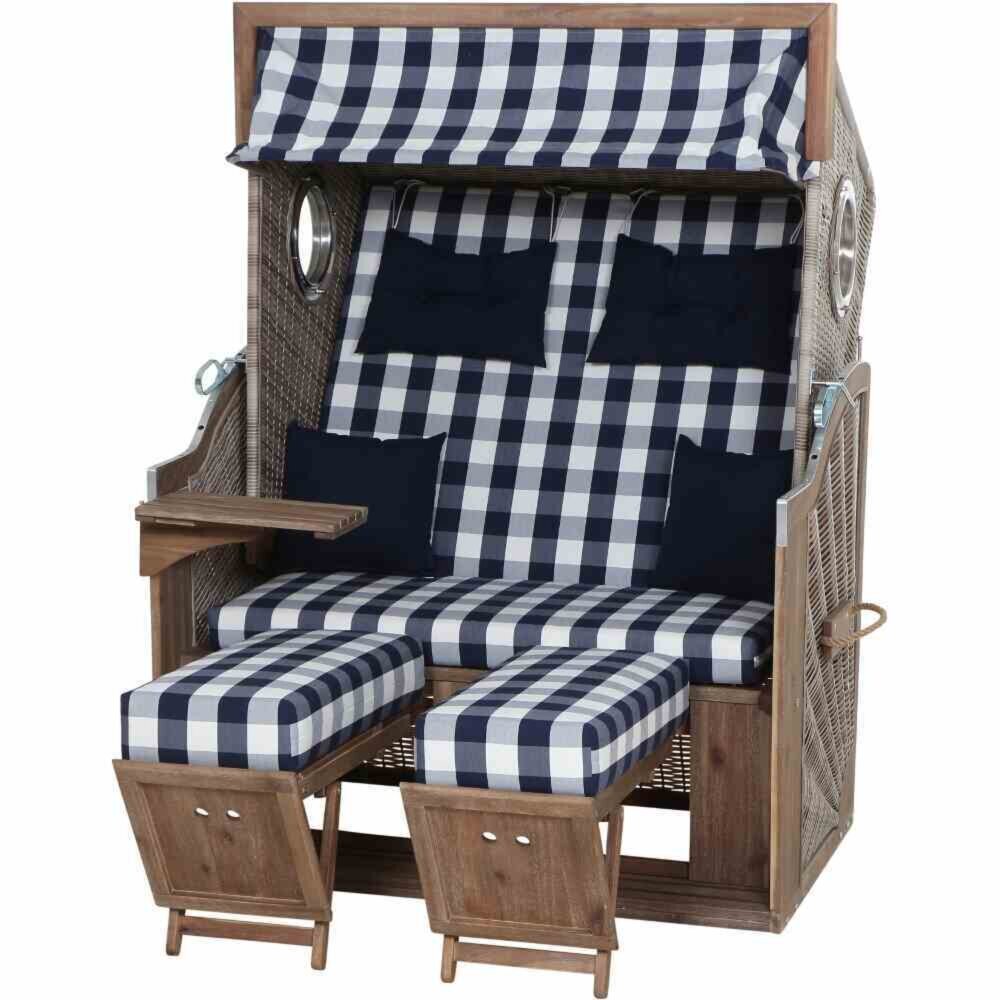 Strandkorb PURE GREENLINE 135 Akazienholz massiv blauweiß kariert