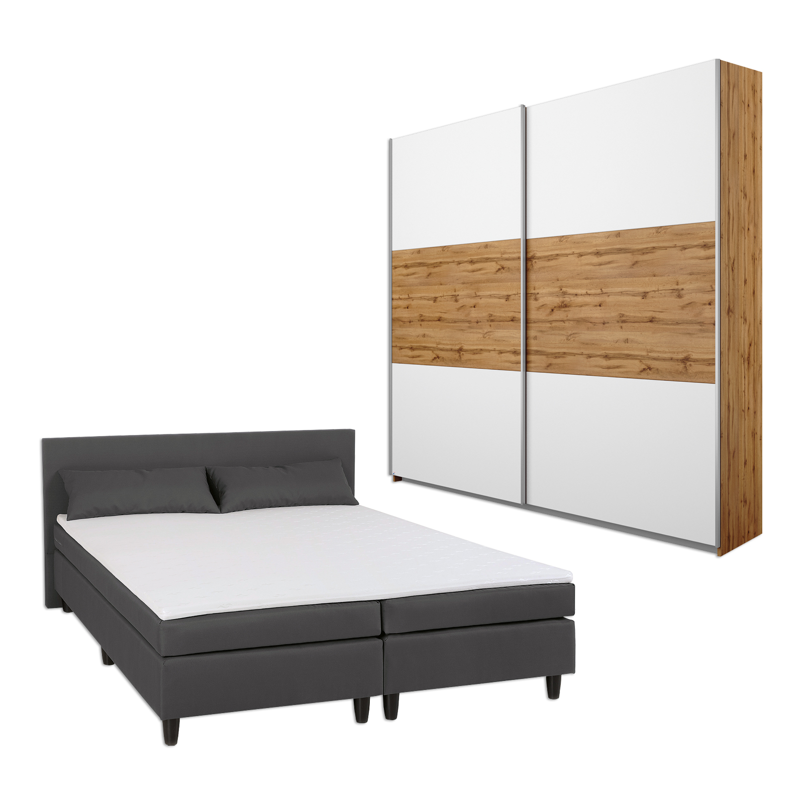 2-teiliges Schlafzimmer-Set - Alpinweiß-Eiche Wotan - Liegefläche 180x200 cm