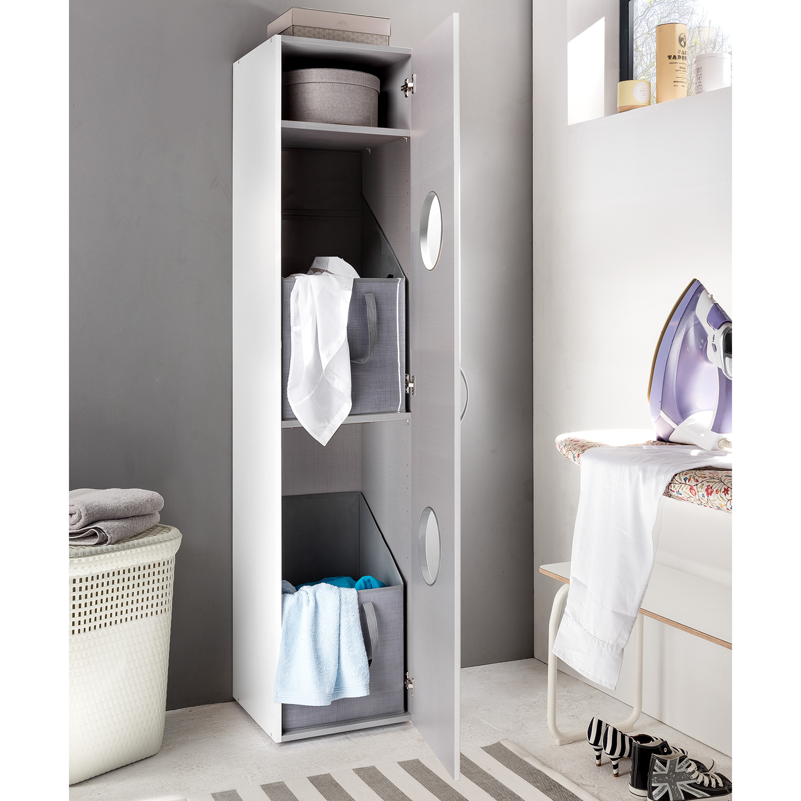 Wäscheschrank - weiß-Betonoptik - 40x185x40 cm
