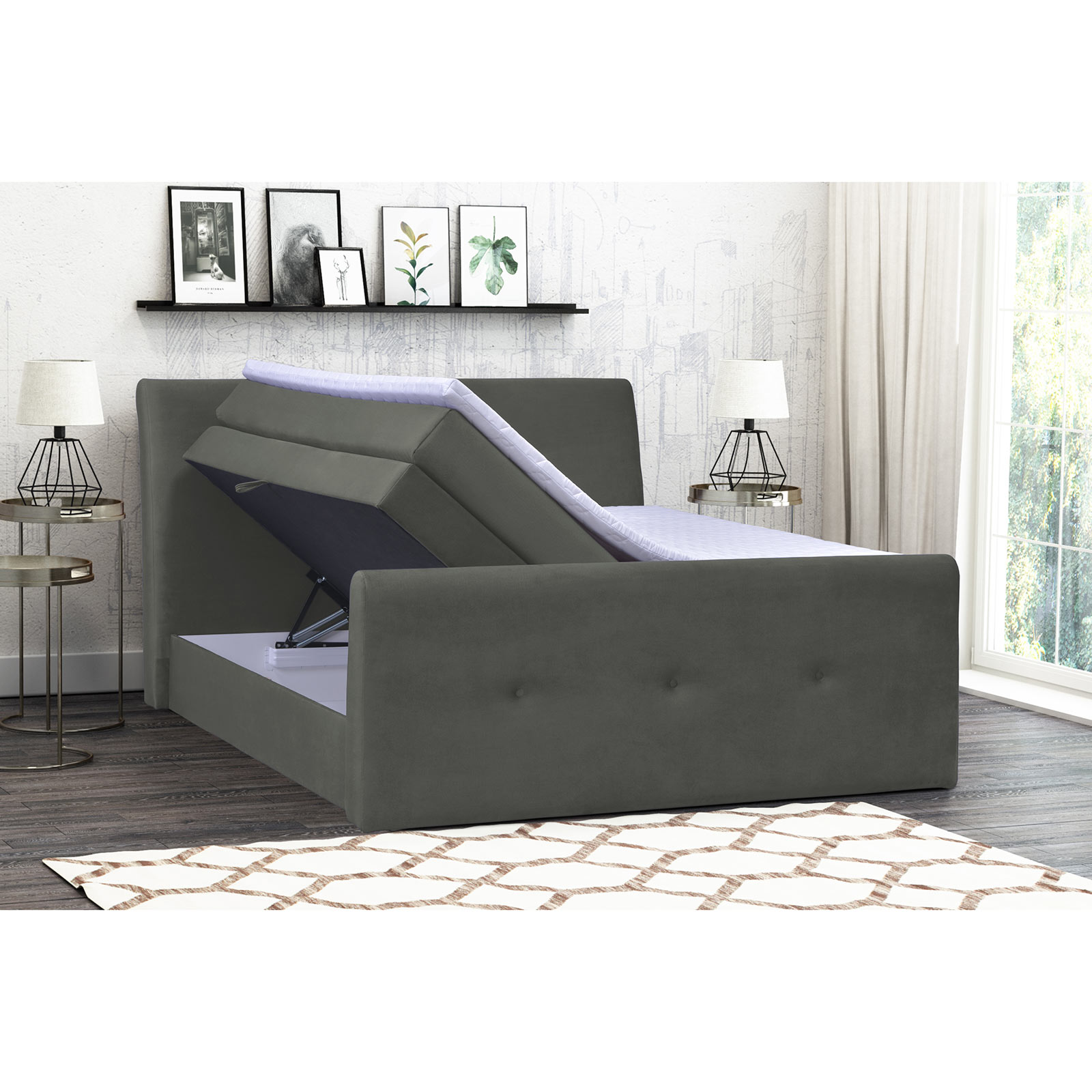 Boxspringbett - silber - H2 - Samtoptik - 180x200 cm