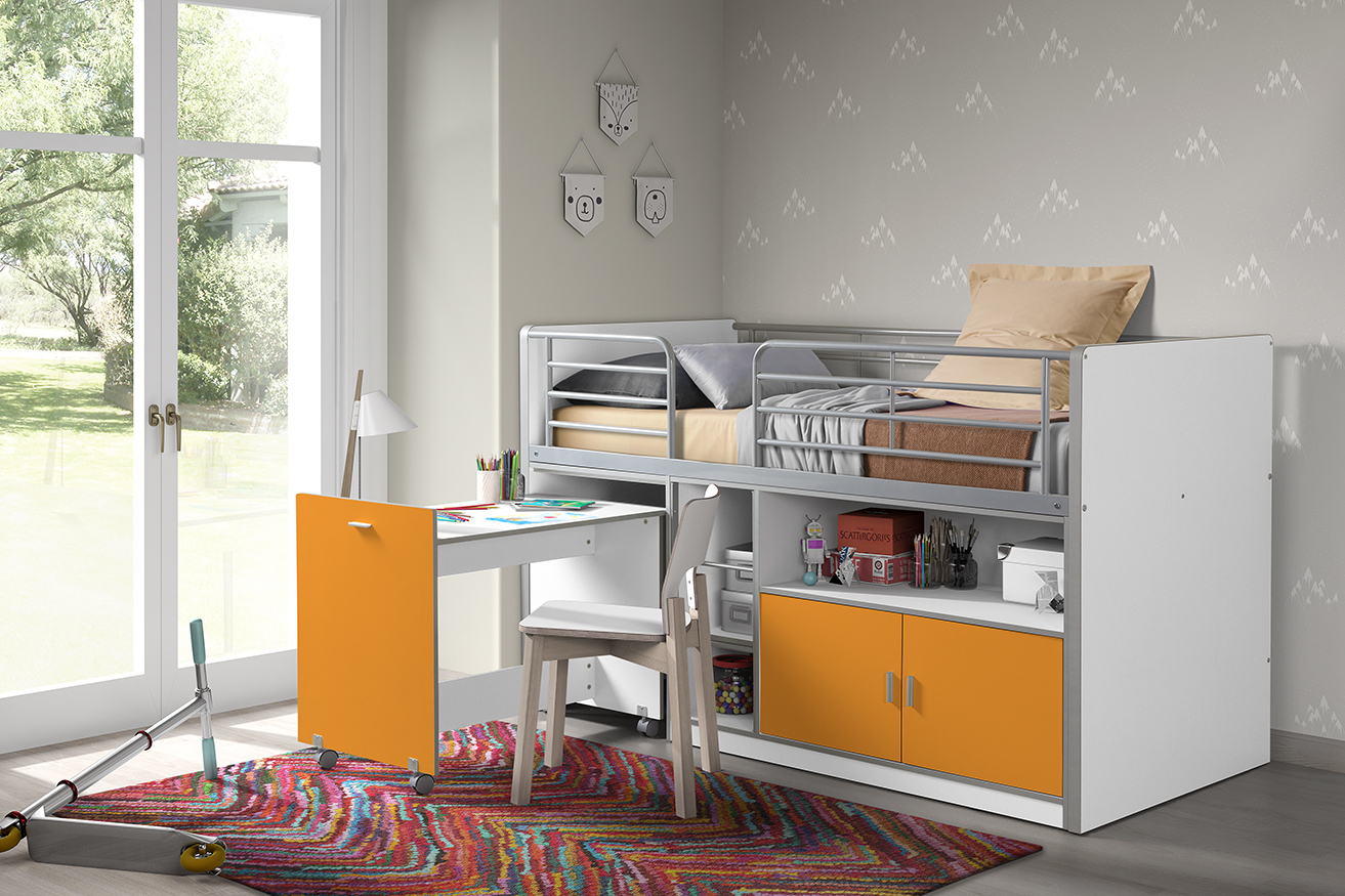 Funktions-Hochbett BONNY - weiß-orange - mit Schreibtisch - 90x200 cm