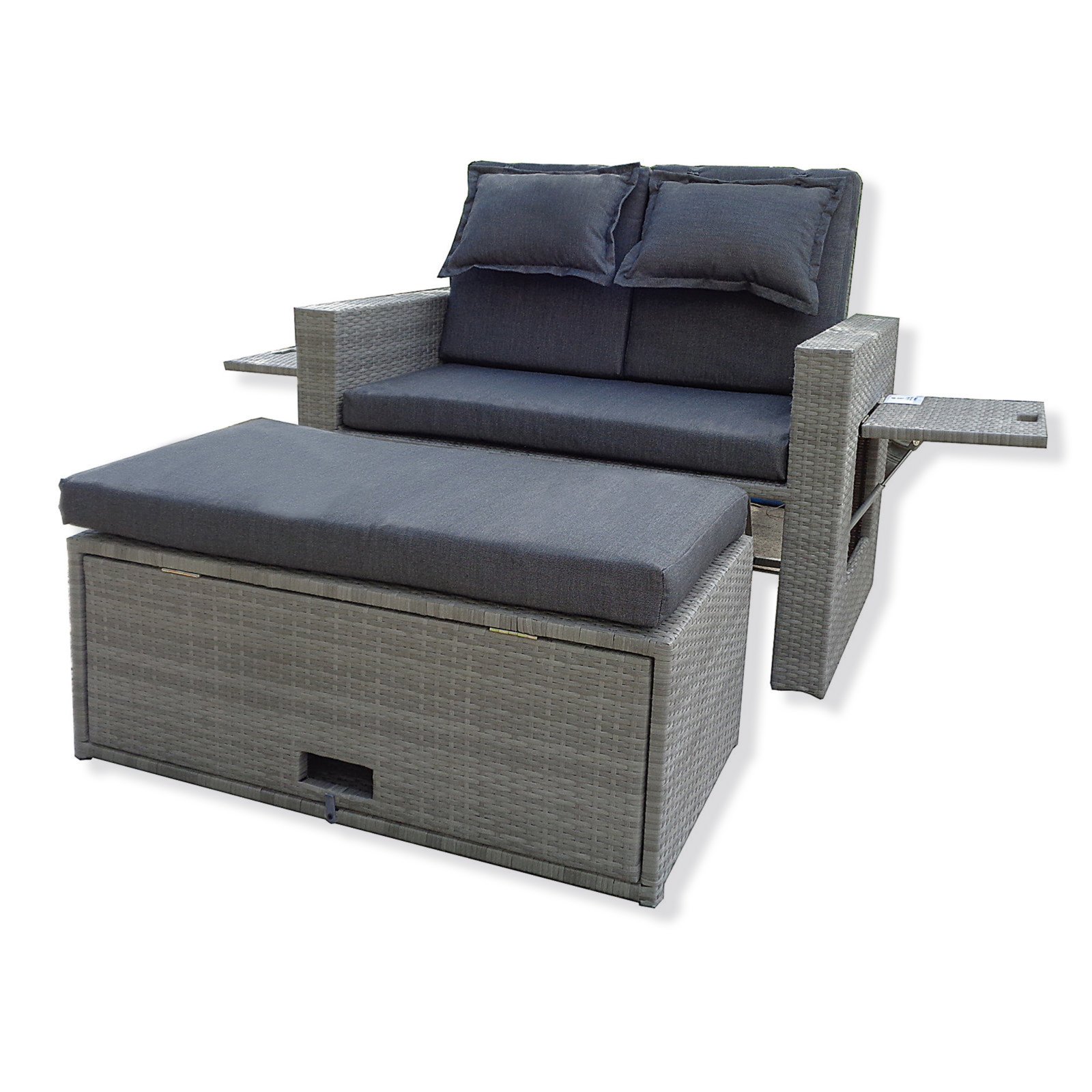 Gartensofa grau Rattanoptik mit Hocker