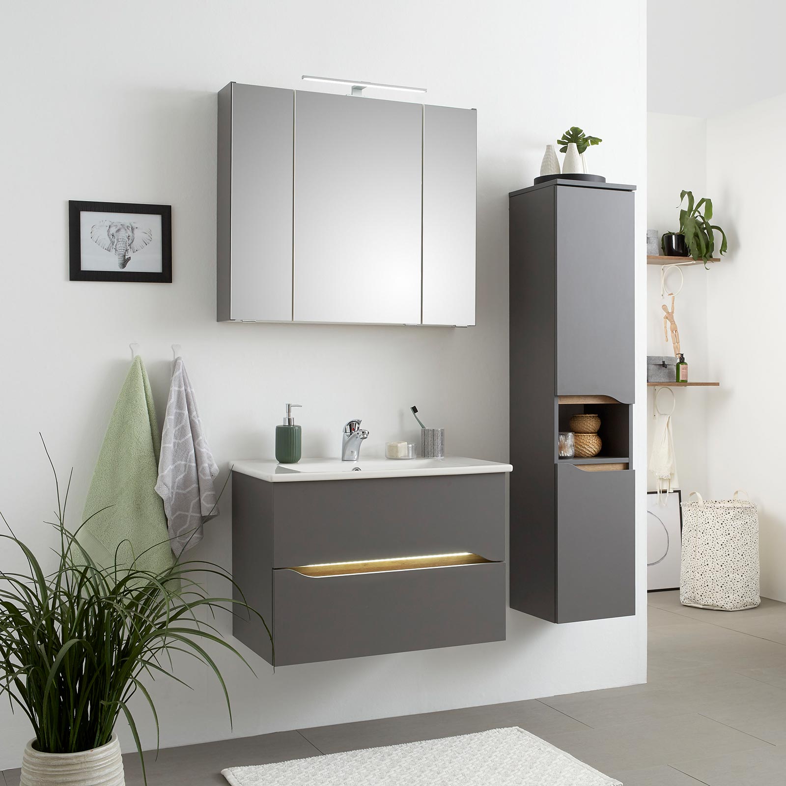 Spiegelschrank - Quarzgrau matt - mit Beleuchtung - 80 cm