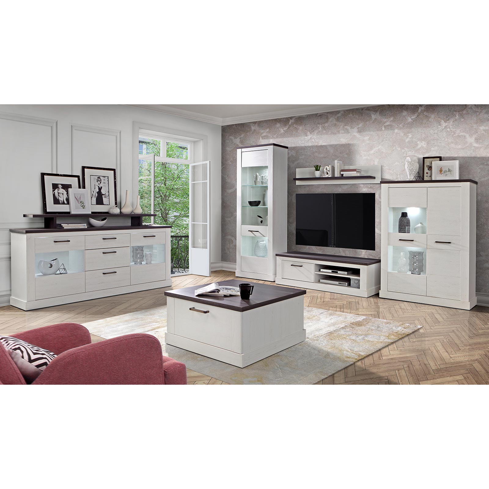 Highboardvitrine - Pinie weiß-Touchwood - 111 cm breit