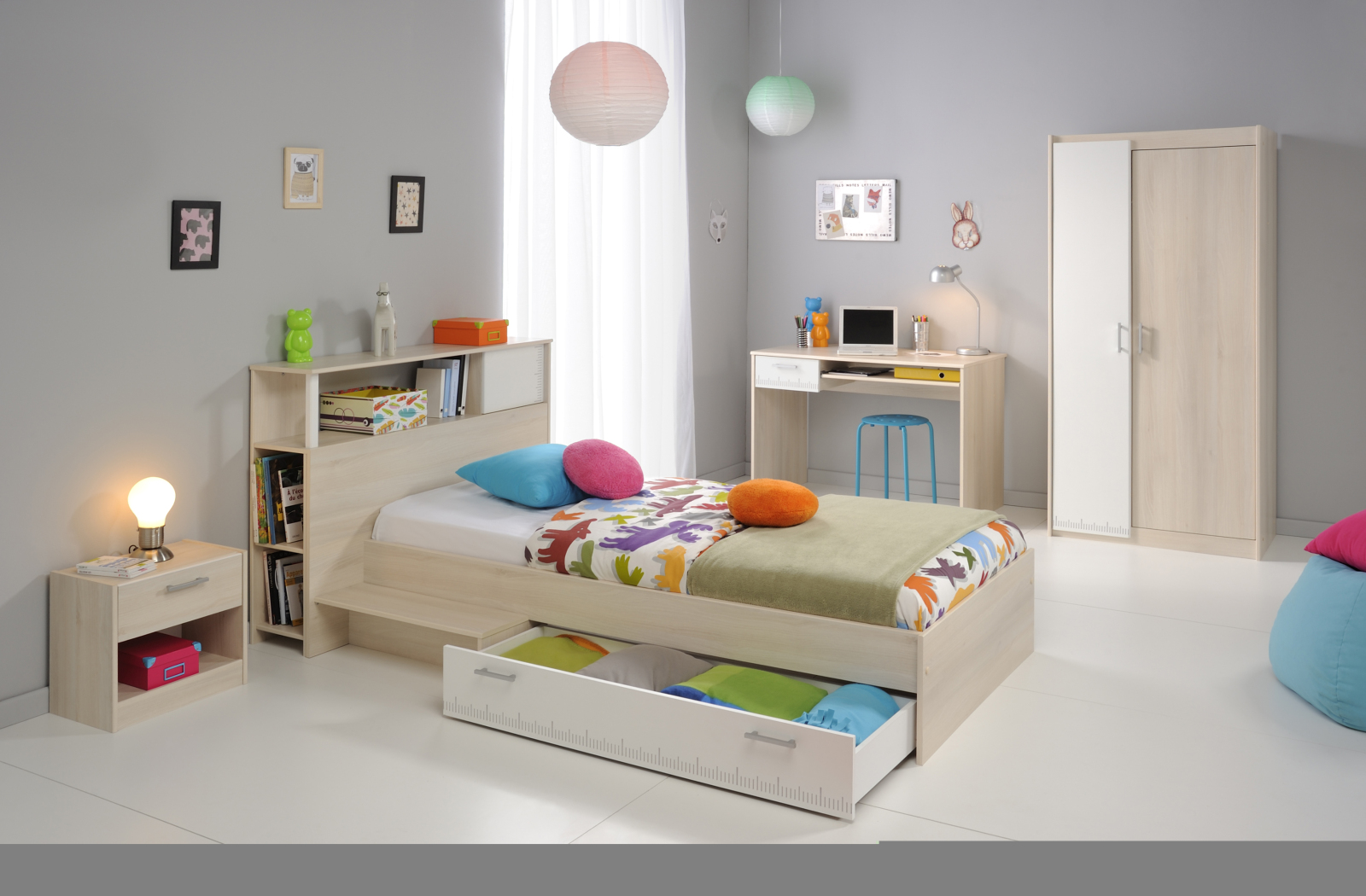 5-teiliges Jugendzimmer CHARLY 15 - Akazie-weiß - mit Schrank