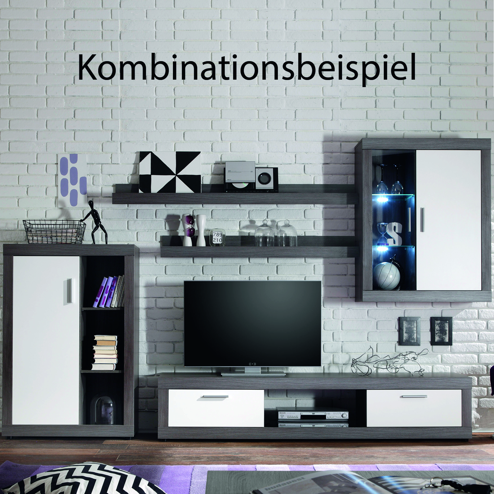 Wohnwand - Silbereiche - mit LED-Beleuchtung