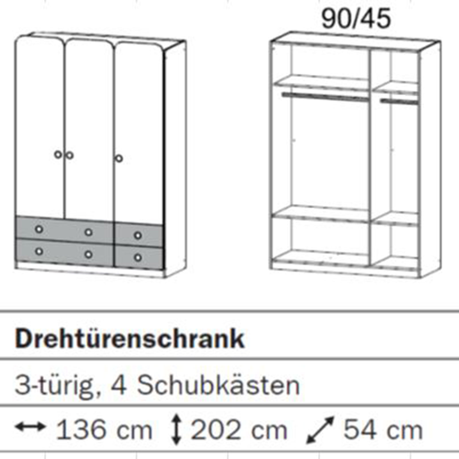 Drehtürenschrank - Alpinweiß - 3-türig - 136 cm breit