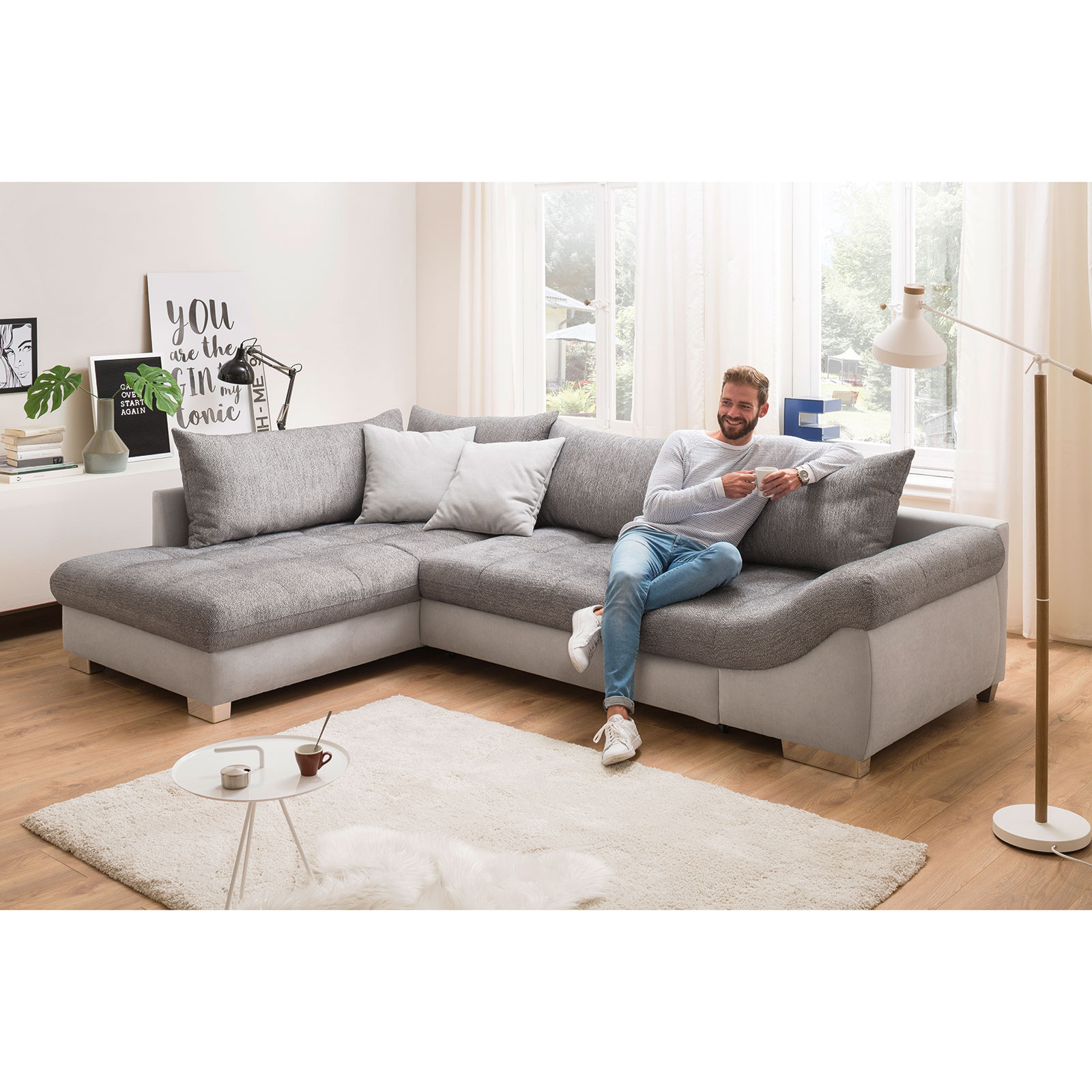 Ecksofa - melange-silver - Webstoff - mit Liegefunktion