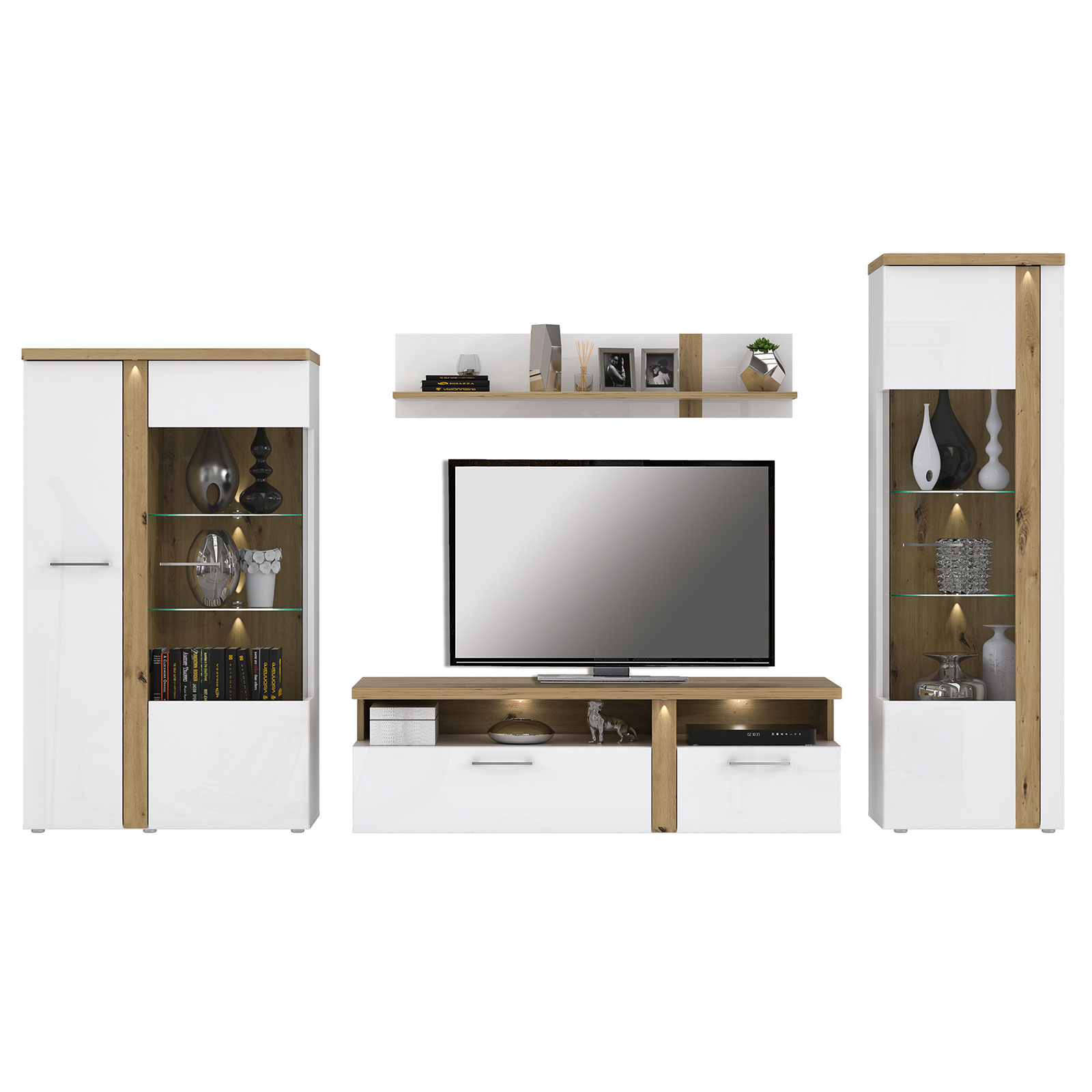Vitrine breit - weiß-Artisan Eiche - 164 cm hoch