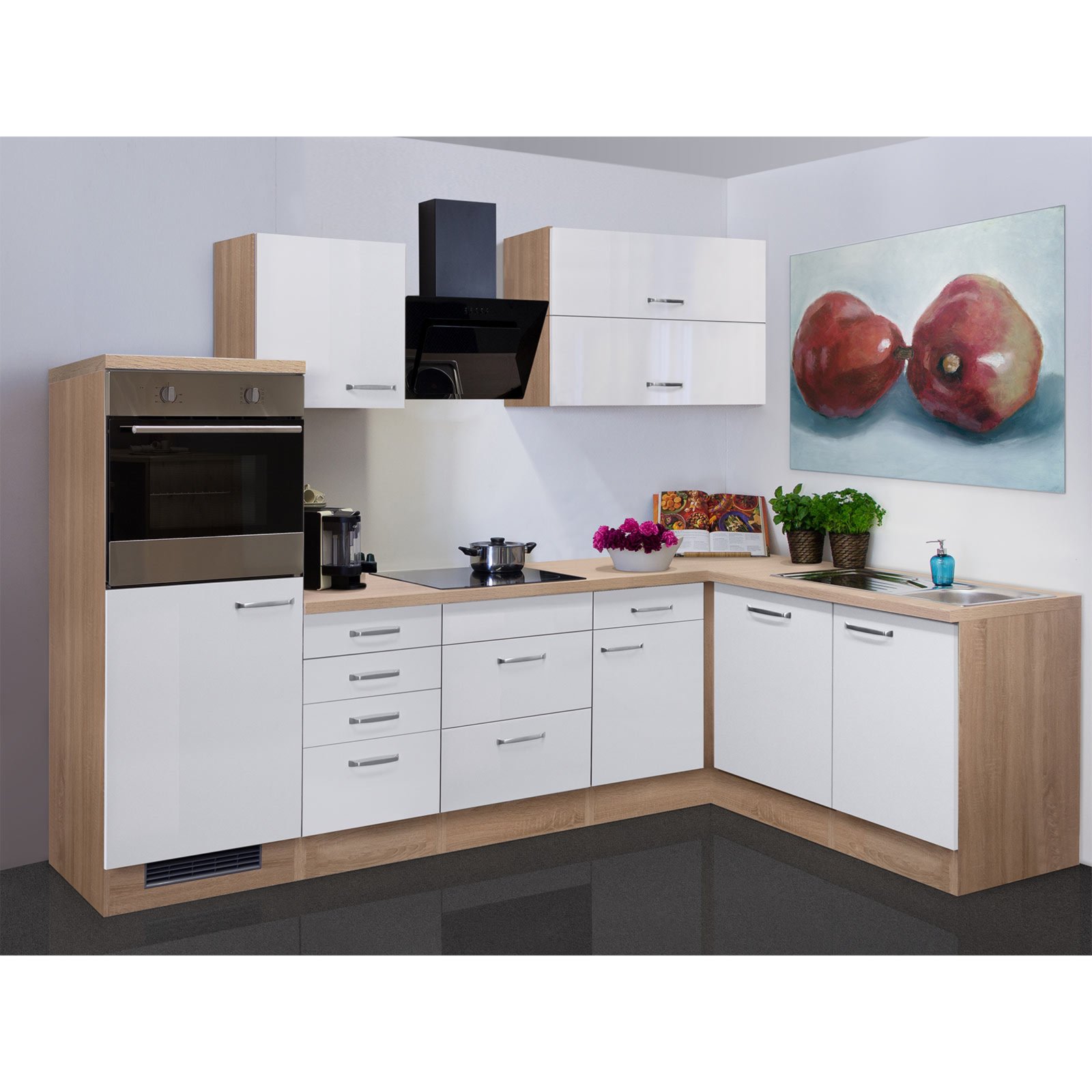 Winkelküche VALERO - weiß Hochglanz-Sonoma Eiche - mit E-Geräten - 280x170  cm | Online bei ROLLER kaufen
