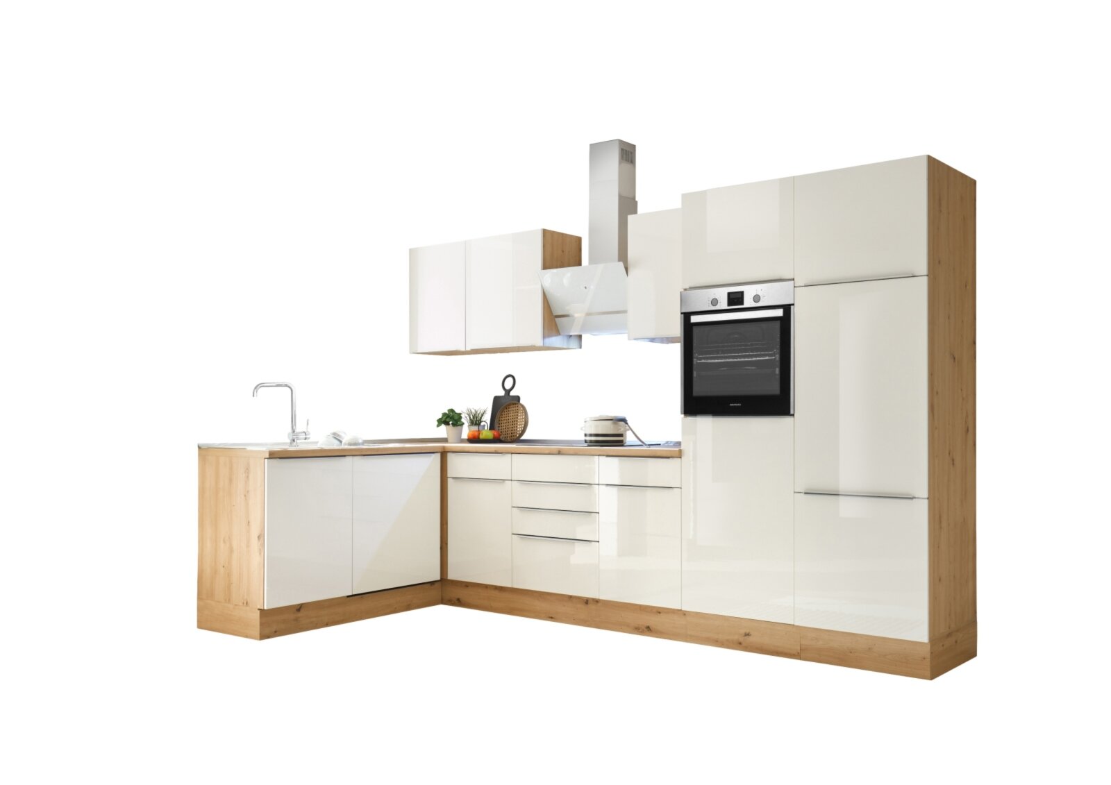 RESPEKTA Winkelküche - weiß Hochglanz - Artisan Eiche - mit E-Geräten - 340  cm | Online bei ROLLER kaufen