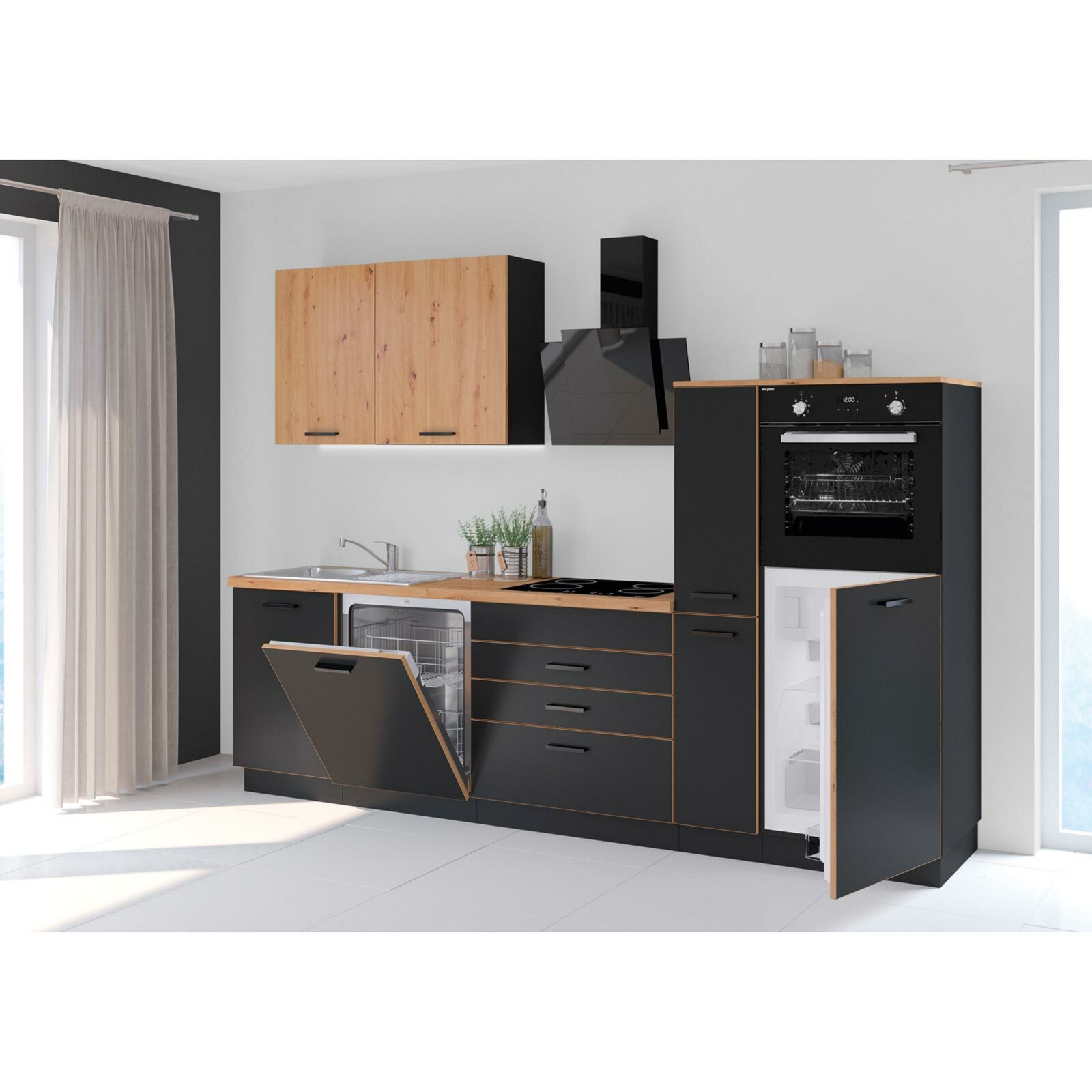 küchenblock - schwarz matt - eiche artisan - 280 cm