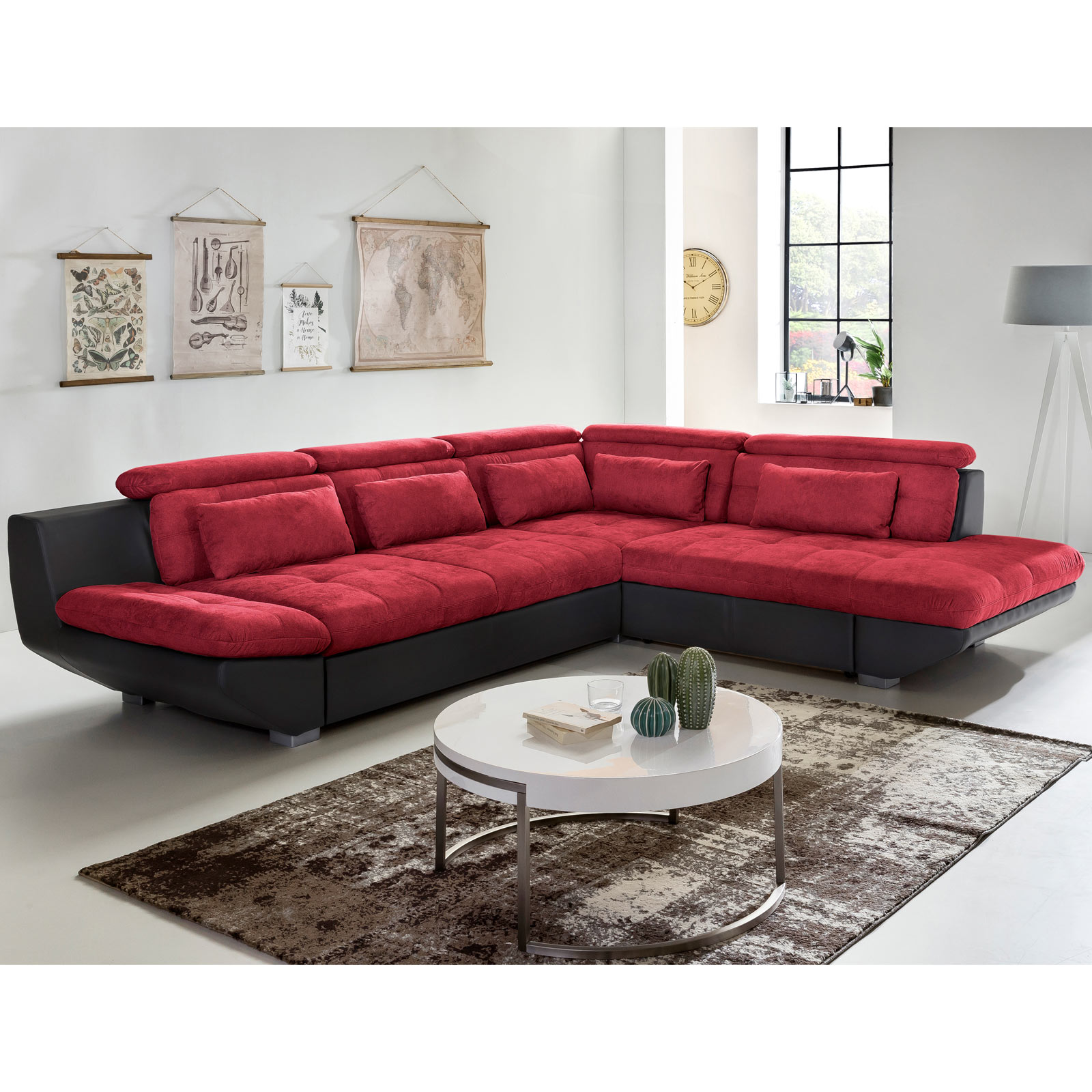 Ecksofa - rot-schwarz - Ottomane rechts