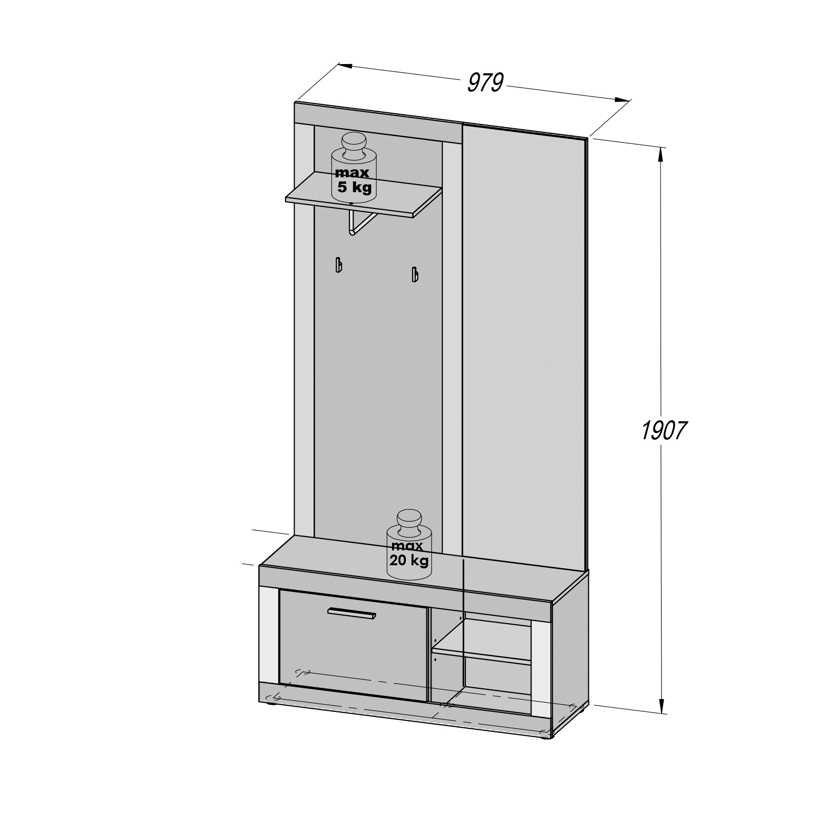 Garderobe - graue Betonoptik - weiß - 98 cm breit