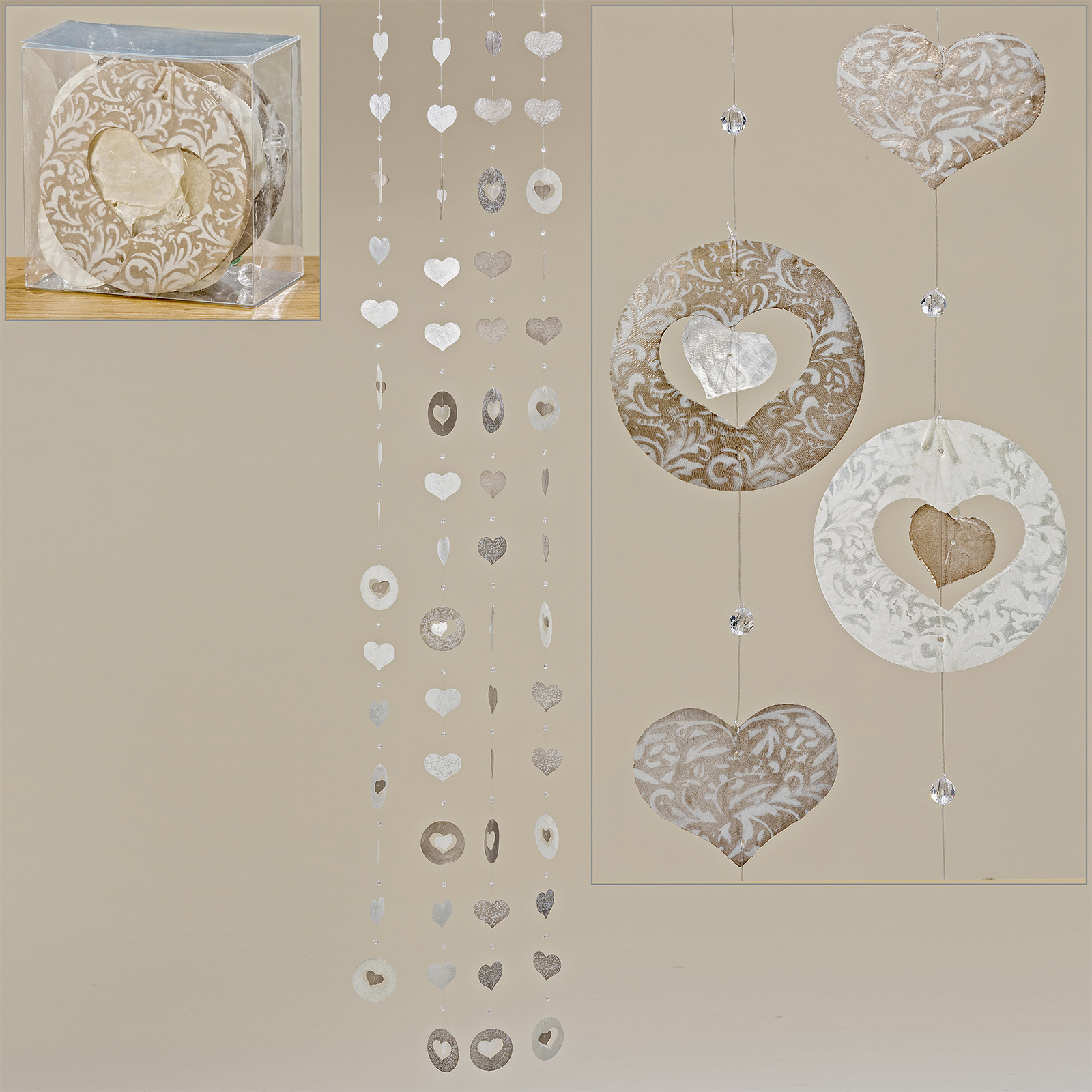 Capiz-Girlande - beige - Herzen - 180 cm