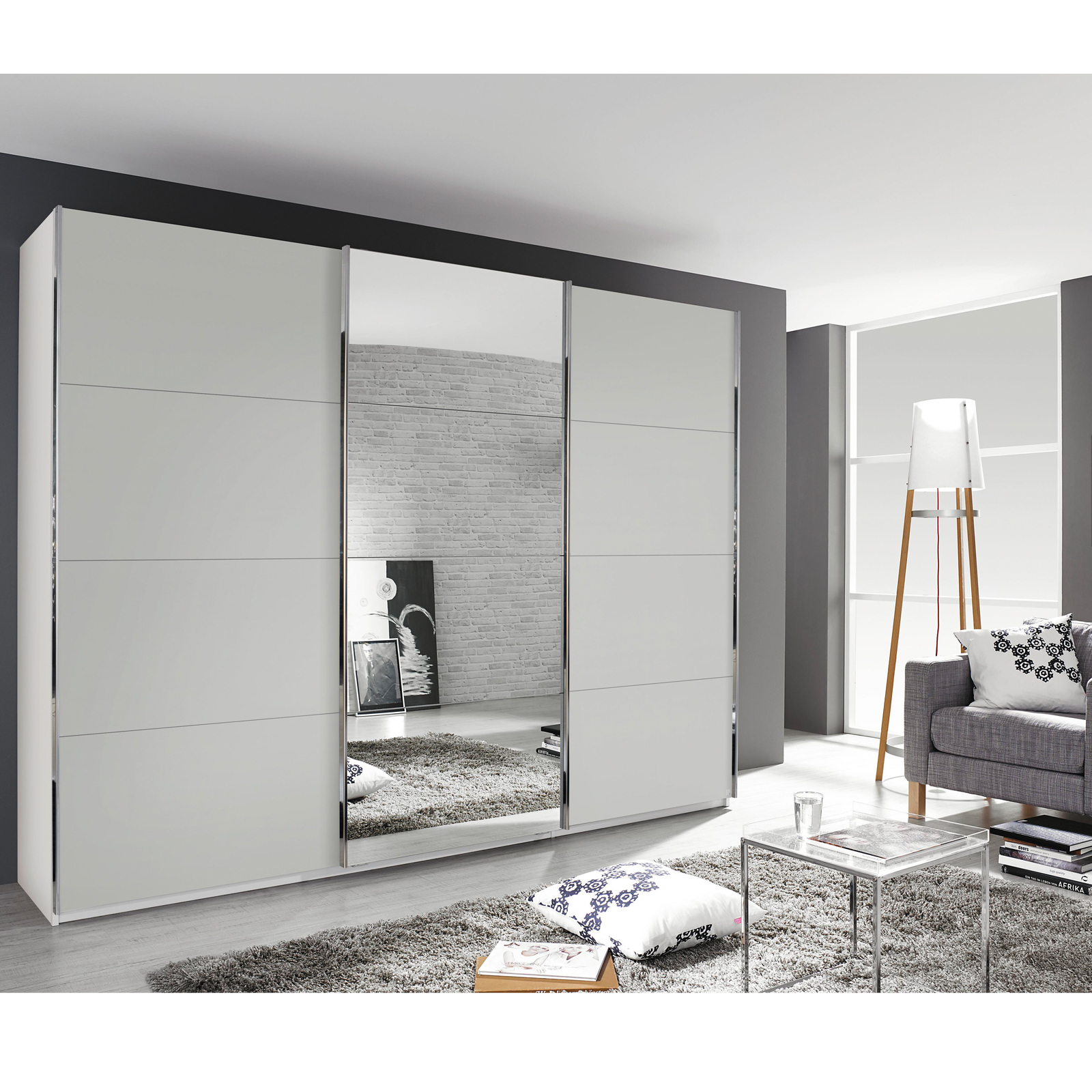 Schwebetürenschrank - Alpinweiß-seidengrau - 271 cm