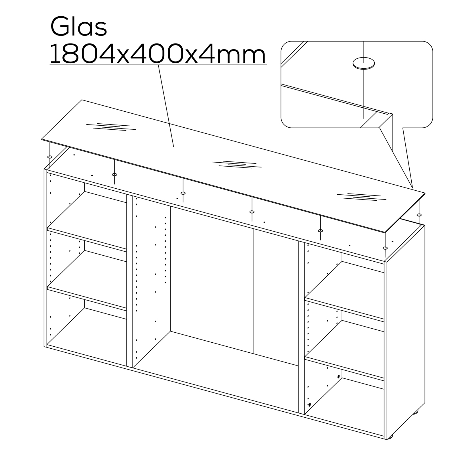 Kommode - weiß matt - Glasaufsatz - 180 cm