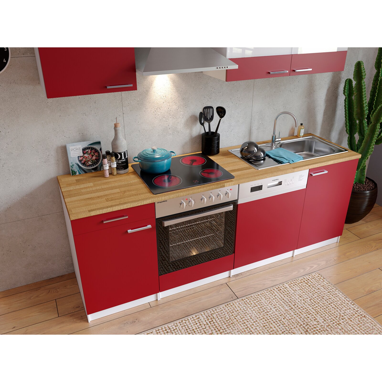 RESPEKTA Küchenblock - rot - mit E-Geräten - 220 cm | Online bei ROLLER  kaufen | Hängeschränke
