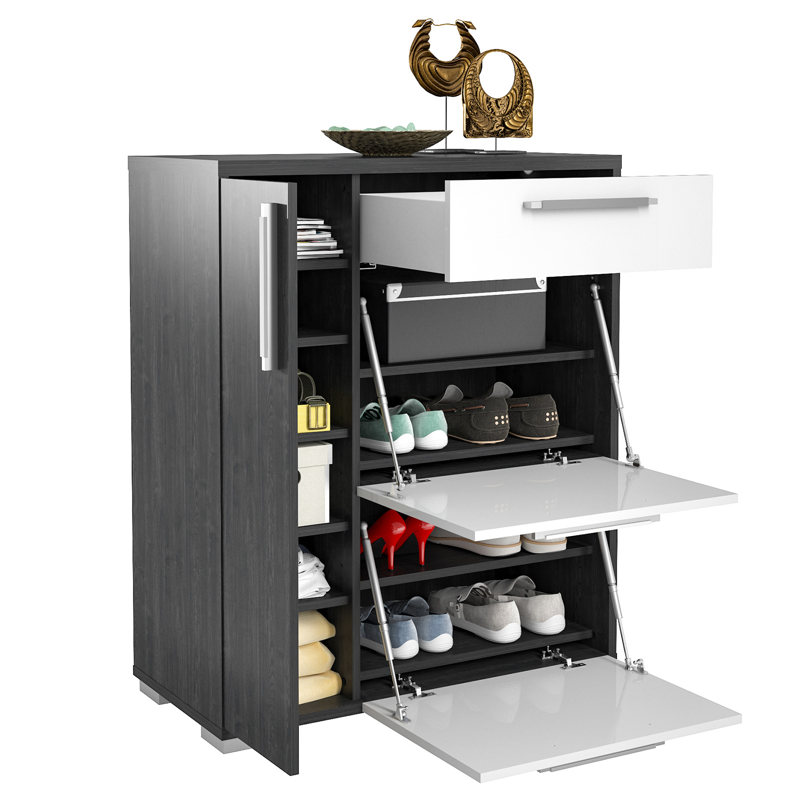Schuhschrank - Ash-Oak - weiß Hochglanz - 60 cm