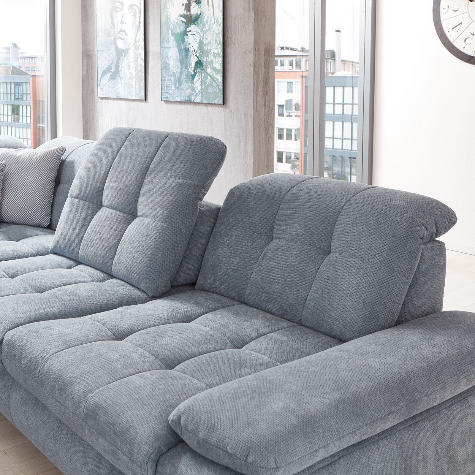 polsterpower Ecksofa blau mit Funktionen Anstellhocker links