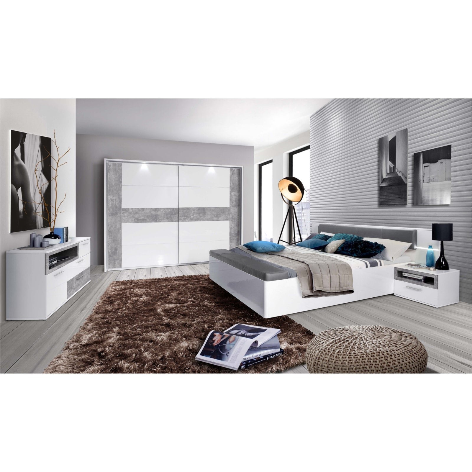 Bett PALM BEACH - grau-weiß Hochglanz - Kunstleder - Beleuchtung ... Bett PALM BEACH - grau-weiß Hochglanz - Kunstleder - Beleuchtung ...