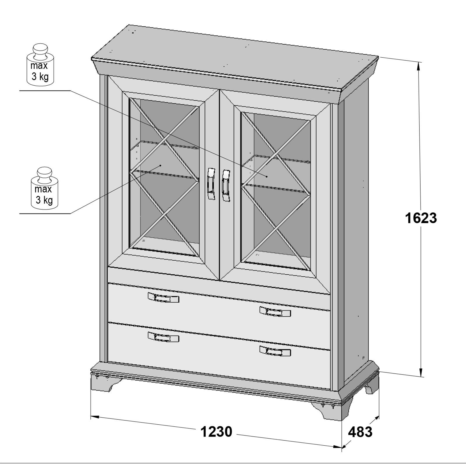Vitrine breit - Pinie weiß - mit Beleuchtung