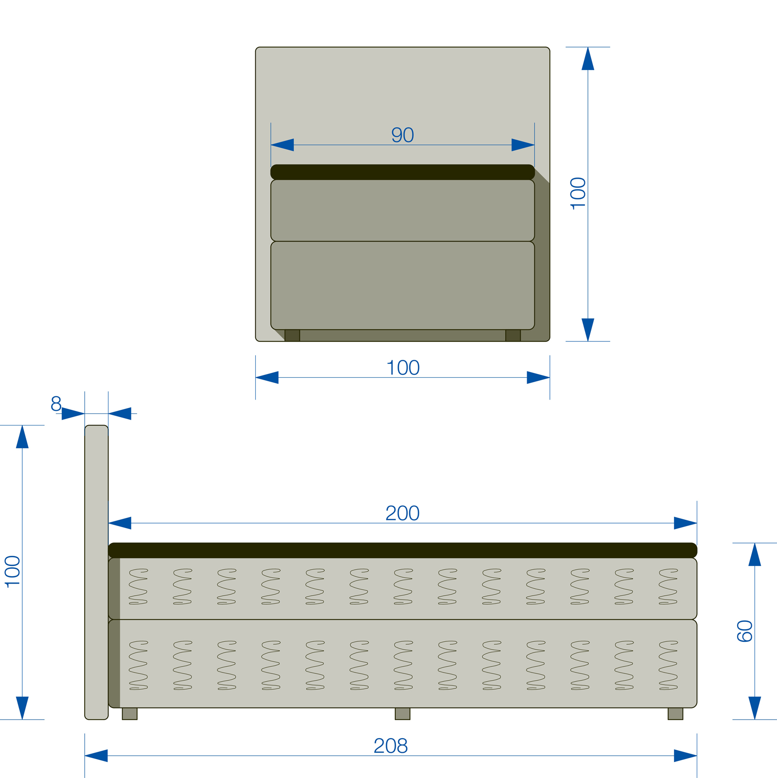 Boxspringbett - H3 - türkis - 90x200 cm