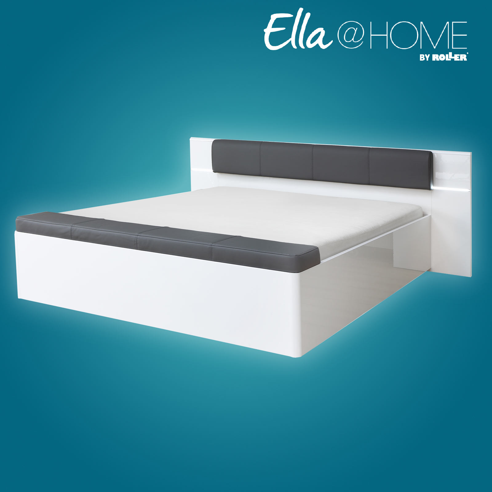 Ella@HOME Bett - grau-weiß Hochglanz - Kunstleder - Beleuchtung - Fußbank - 180x200 cm