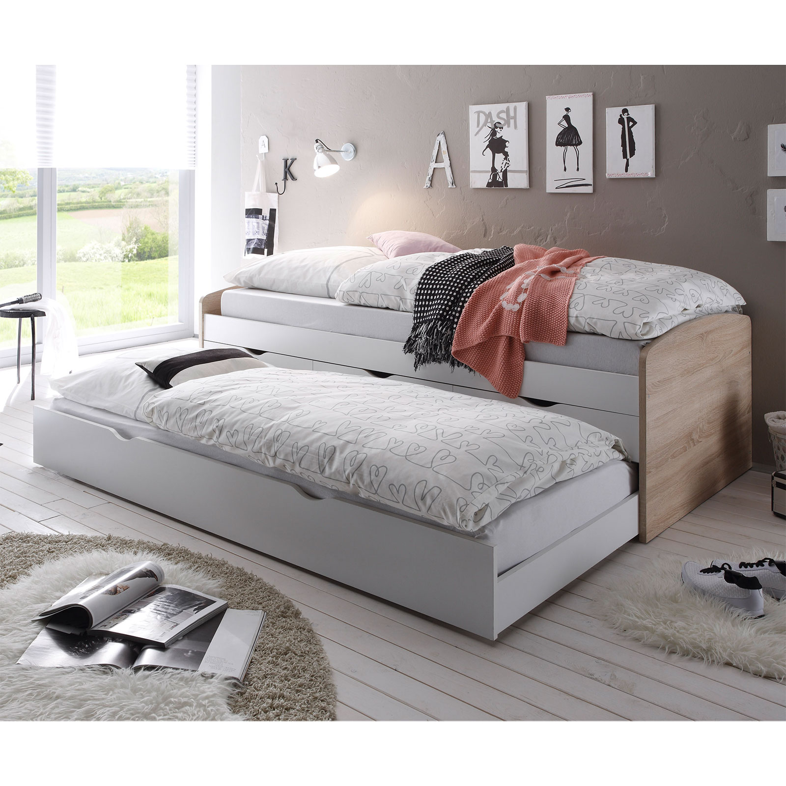 Funktionsbett - Sonoma Eiche-weiß - 2x 90x200 cm