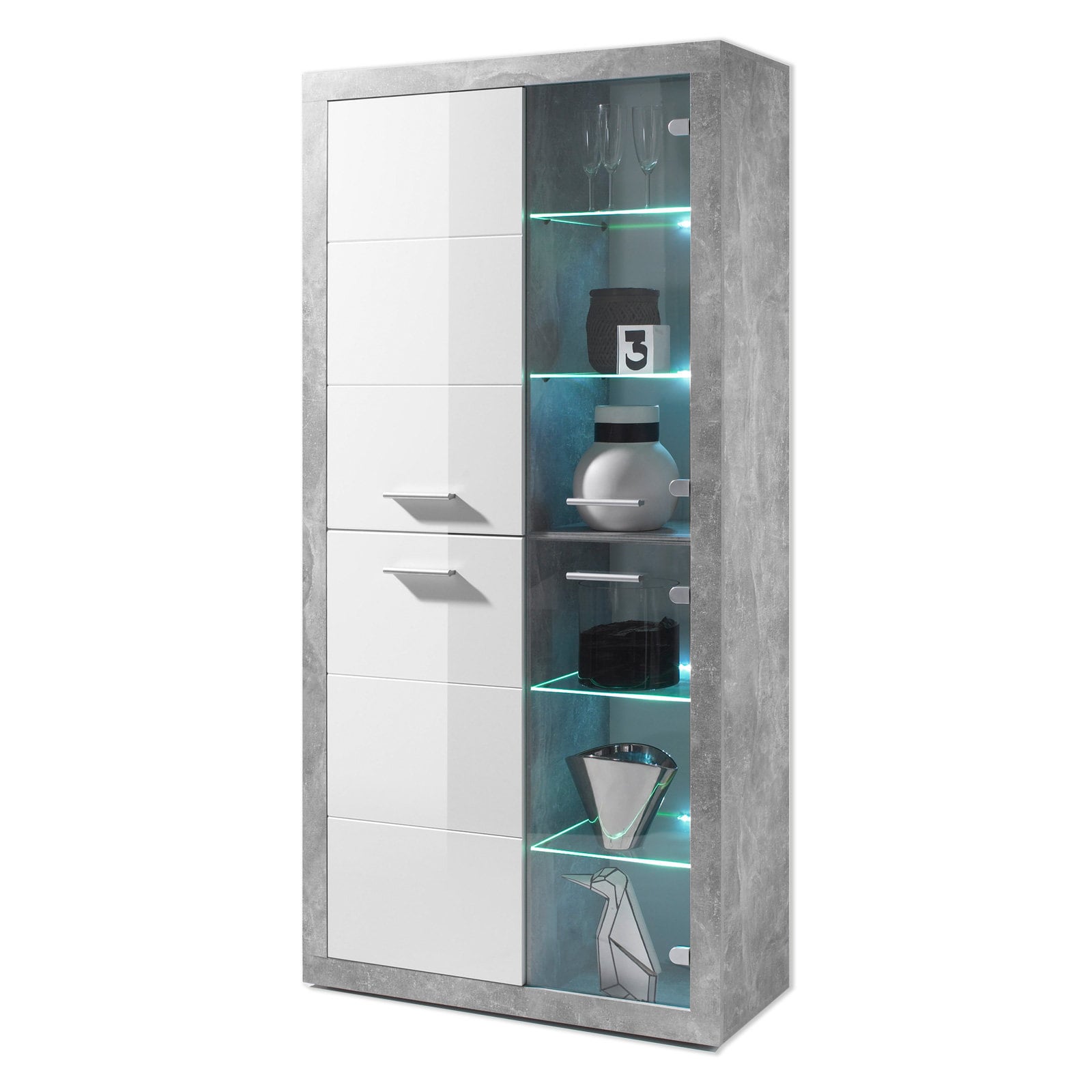 Vitrine - Beton-Optik - weiß glänzend - mit Beleuchtung