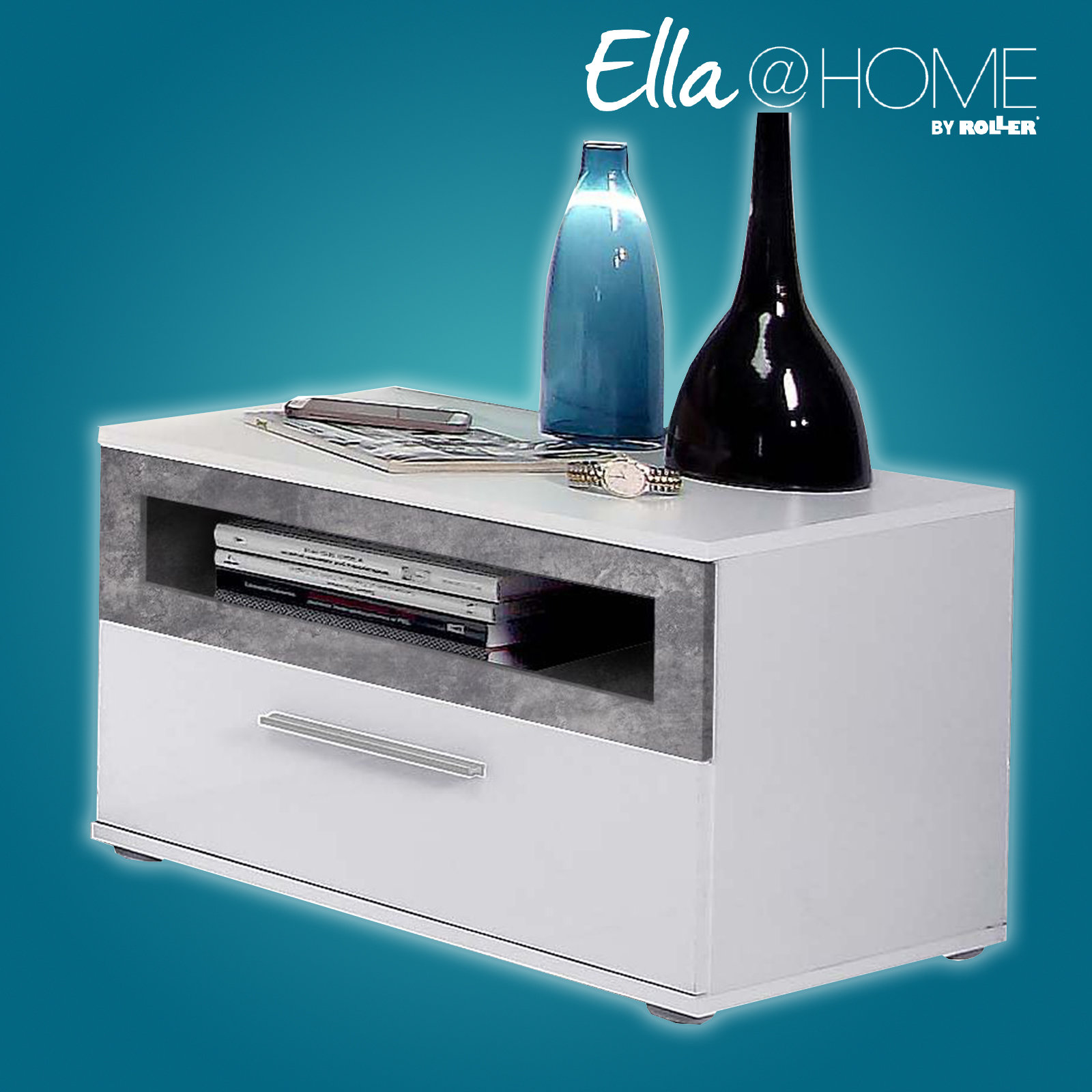 Ella@HOME Nachtschrank - weiß Hochglanz-Betonoptik - 52 cm