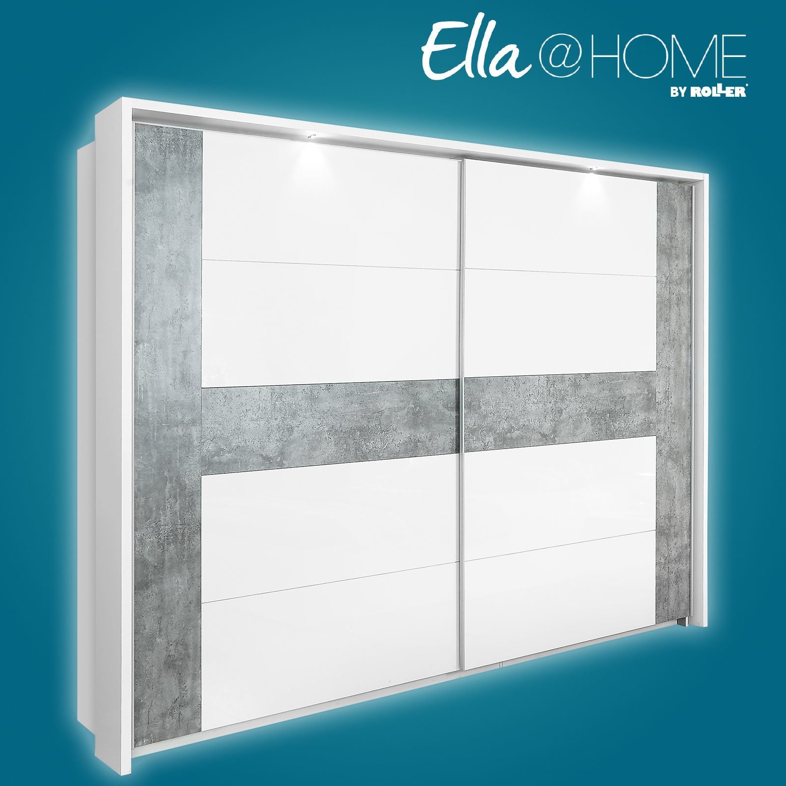 Ella@HOME Schwebetürenschrank - weiß Hochglanz-Betonoptik - 220 cm