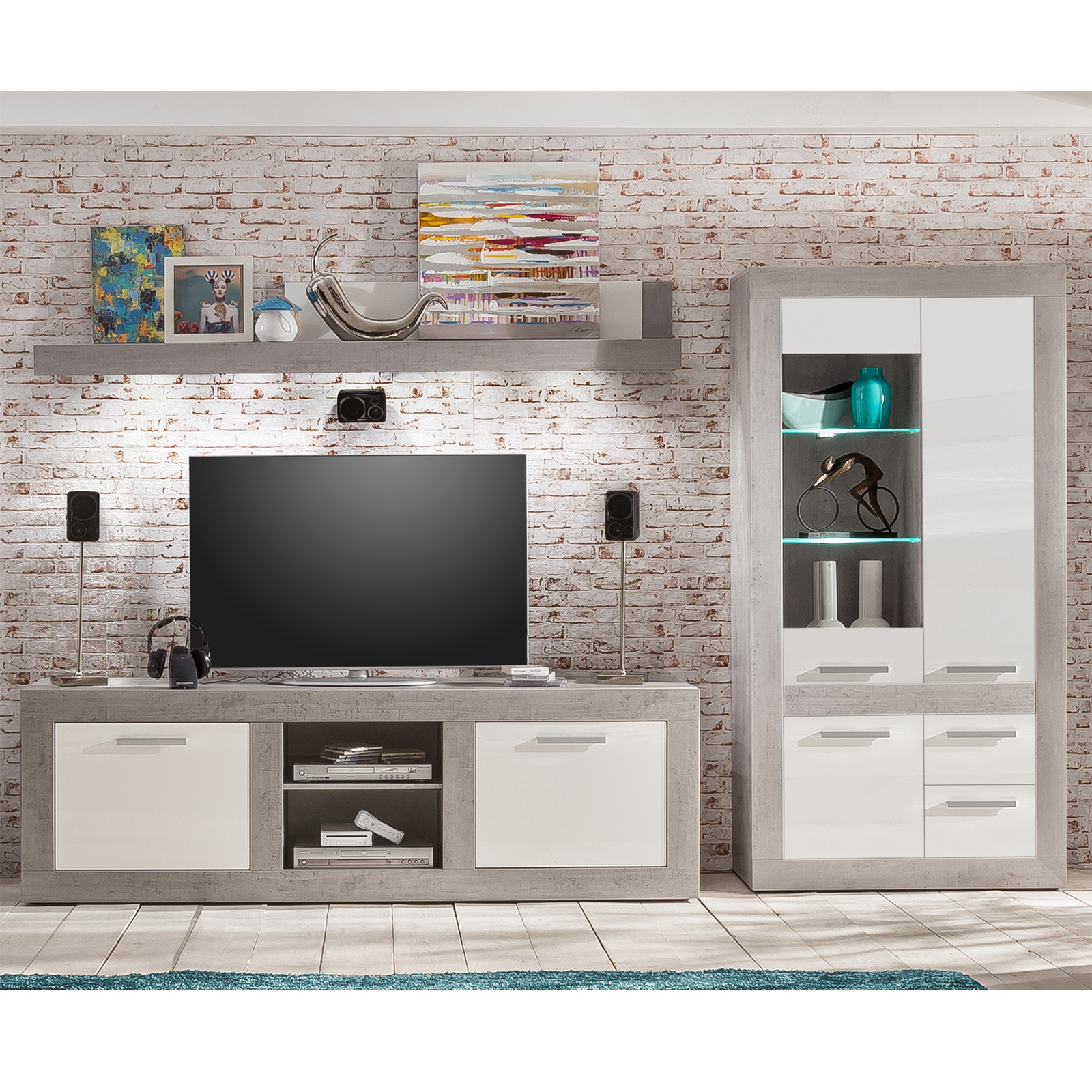 TV-Lowboard - weiß Hochglanz-Beton - 210x69 cm