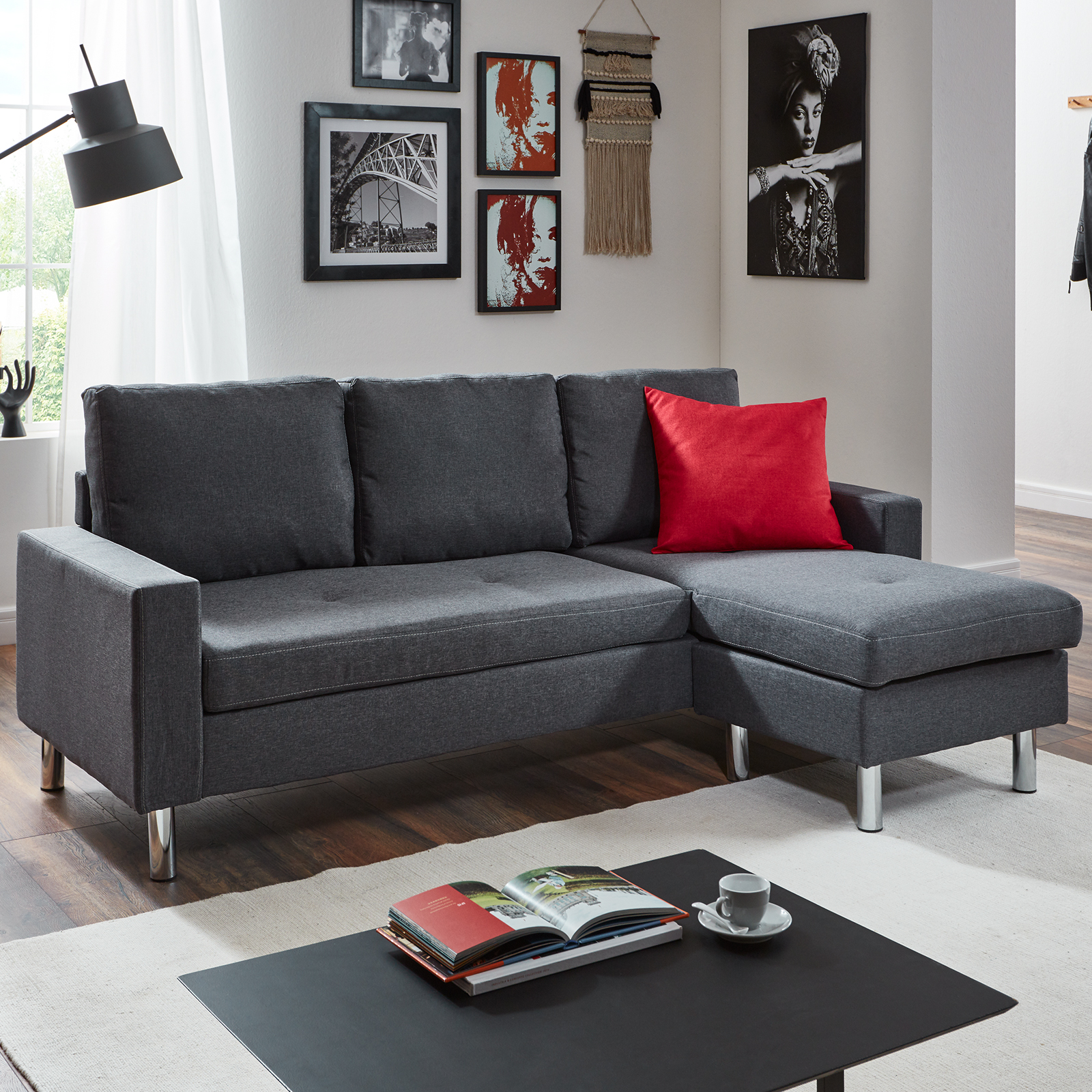 Ecksofa - grau - Webstoff - beidseitig montierbar