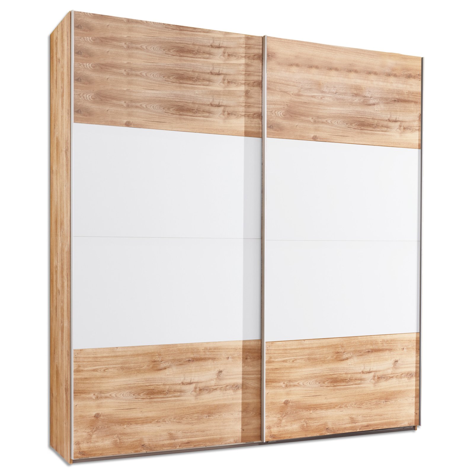 Schwebetürenschrank - Alpinweiß-Plankeneiche - 8 cm breit Schwebetürenschrank - Alpinweiß-Plankeneiche - 8 cm breit