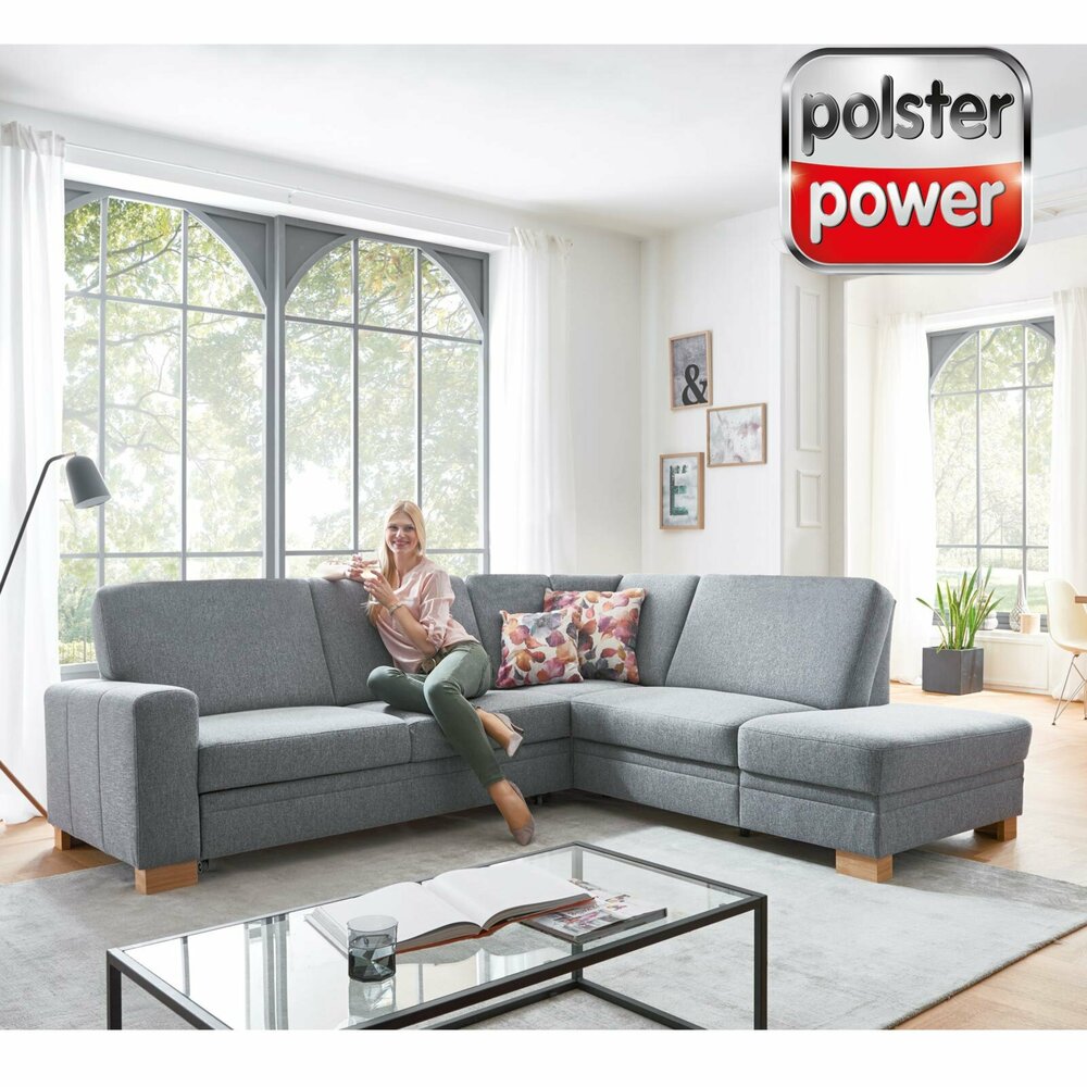 polsterpower Ecksofa grau Recamiere rechts Liegefunktion und