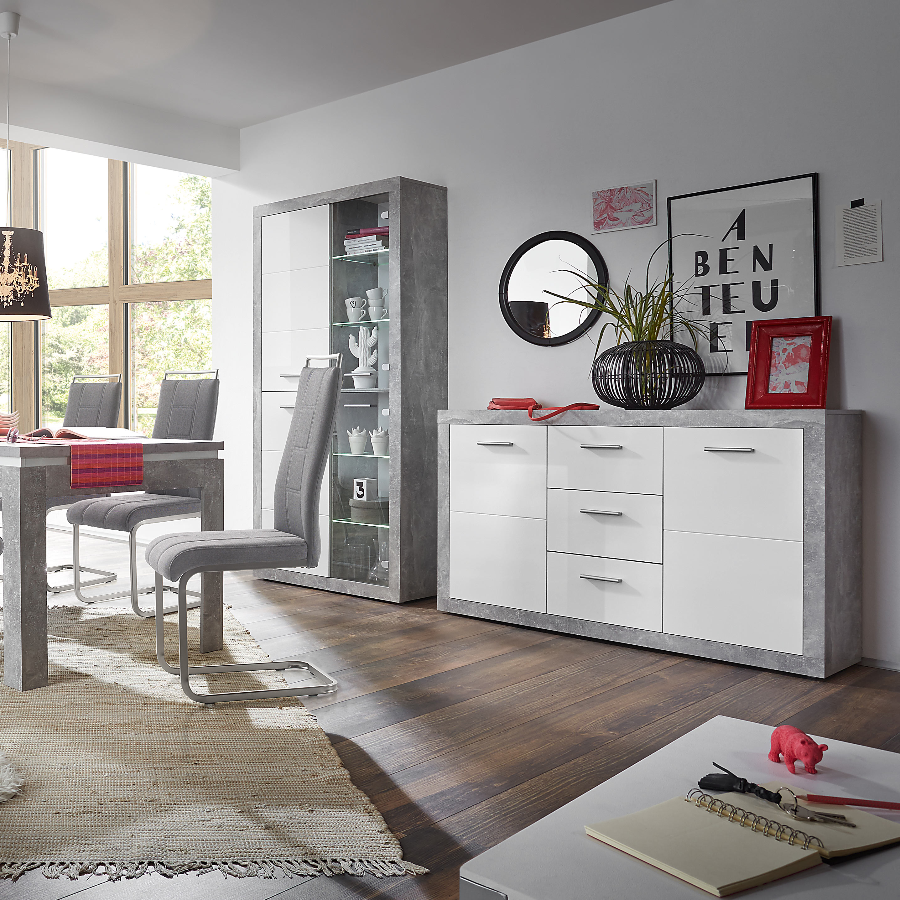 Sideboard - Beton-Optik - weiß - 147 cm breit