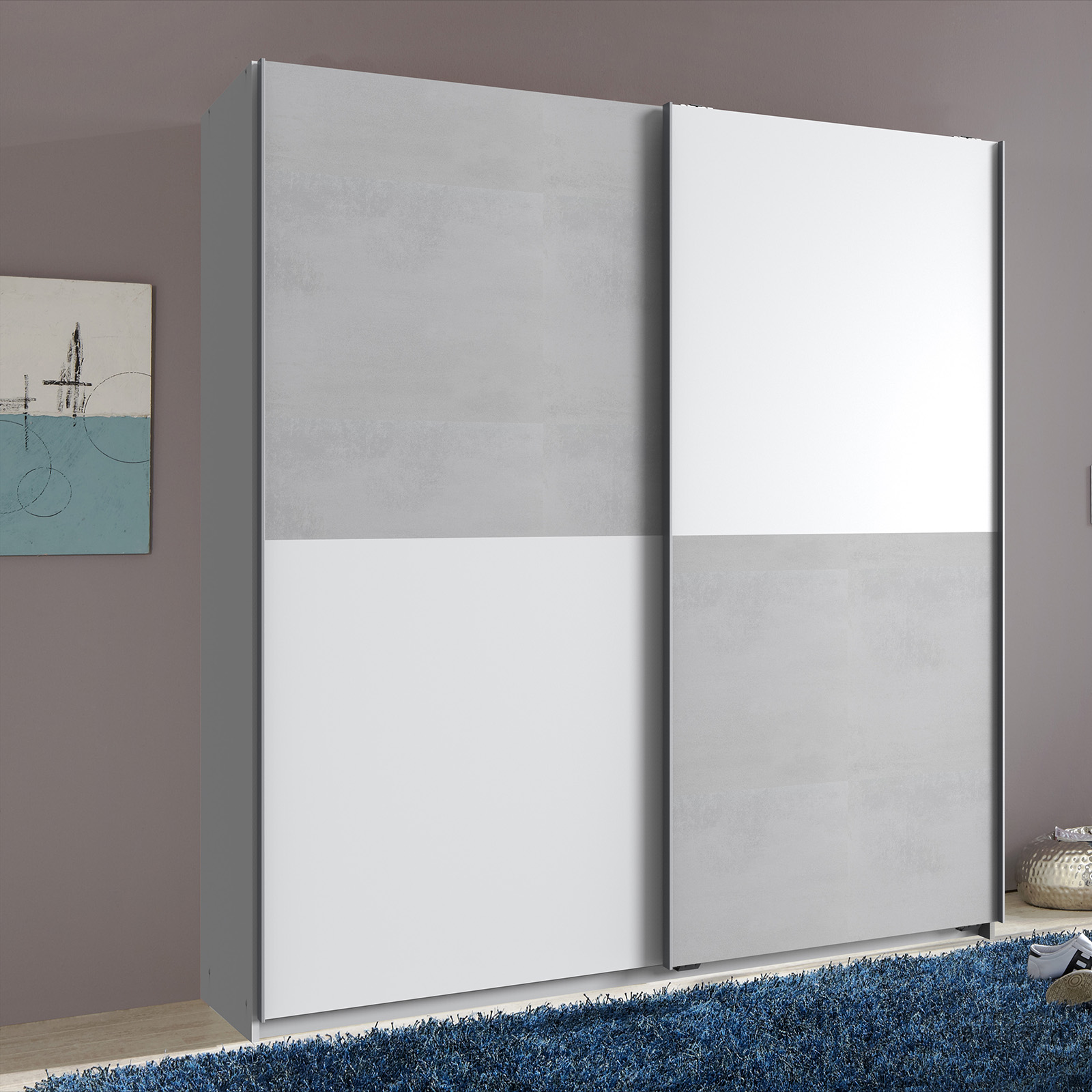 Schwebetürenschrank - Alpinweiß-Betonoptik - 179 cm breit