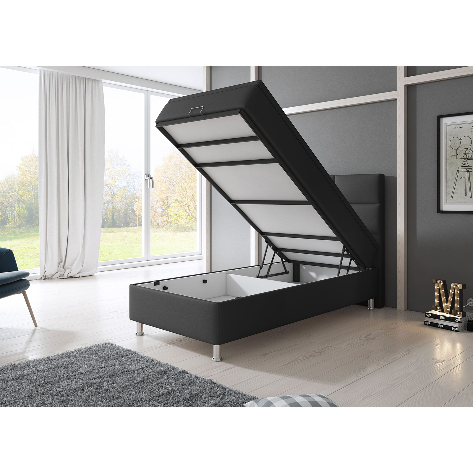 Boxspringbett-Design MIAMI - anthrazit - mit Bettkasten - H3 - 90x200 cm